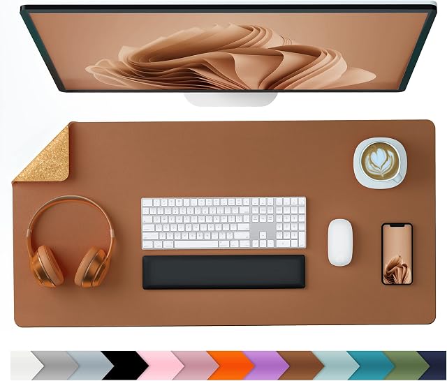 Aothia Eco-Friendly Natural Cork & Leather Double-Sided Office Desk Mat 80 * 40 cm Mouse Pad Smooth Surface Soft Easy Clean Waterproof PU Leather Desk Protector for Office/Home Gaming (Brown)