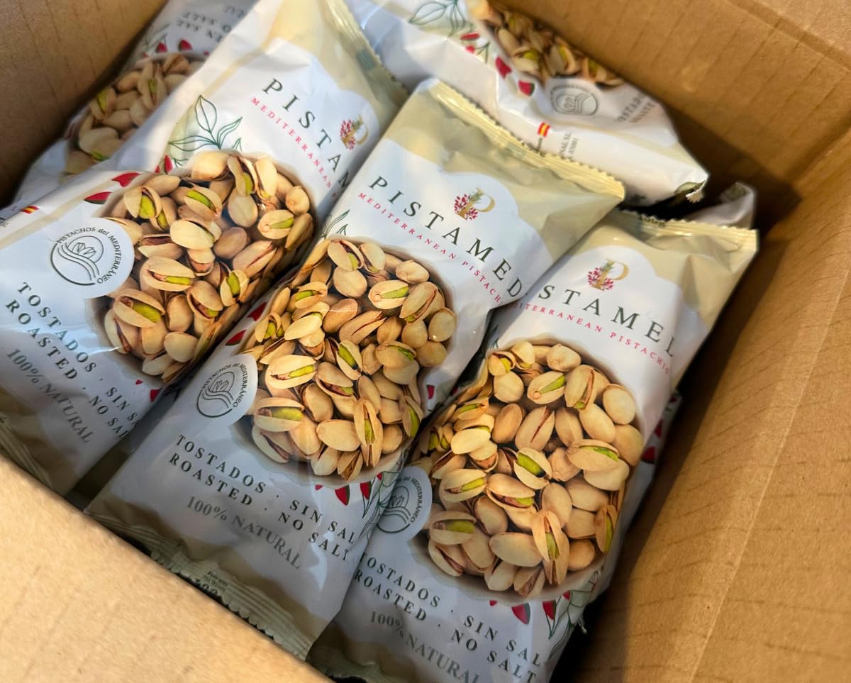PISTAMED - Pistachos con Cáscara Sin Sal Tostados Artesanalmente - Alto Contenido en Fibra - Apto Veganos y Sin Gluten - Pack 10 x 100 g Formato Individual - Origen España - Snack Natural