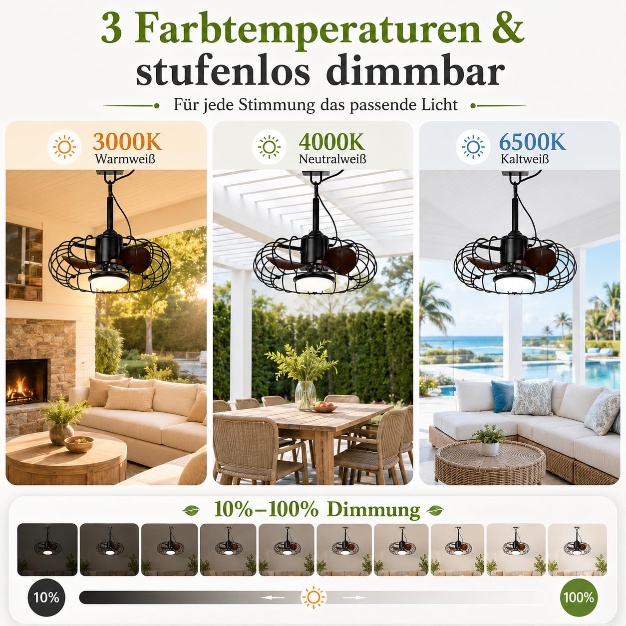 Outdoor Deckenventilator mit Beleuchtung & IP65 Wasserdicht, Fernbedienung | Deckenventilator mit Licht, Timer, Dimmbar 6 Geschwindigkeiten mit App-Steuerung, Perfekt für Pavillon, Terrasse & Veranda