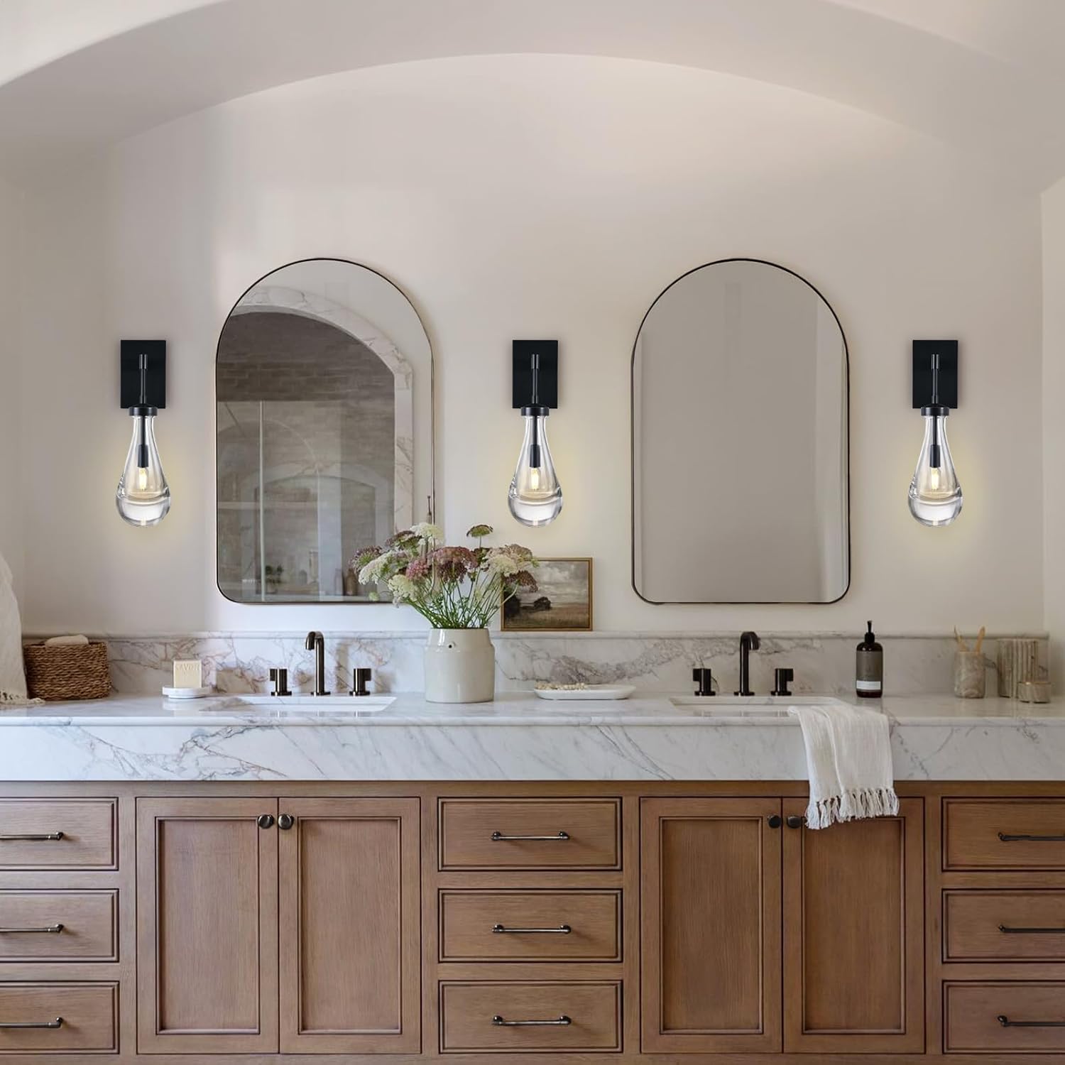 Wall Sconces Set of Two, Black Dimmable Raindrop Wall Lighting, Modern Bathroom Sconces Wall Lamps Vanity Lighting for Living Room, Wall Lights for Bedroom, Hallway