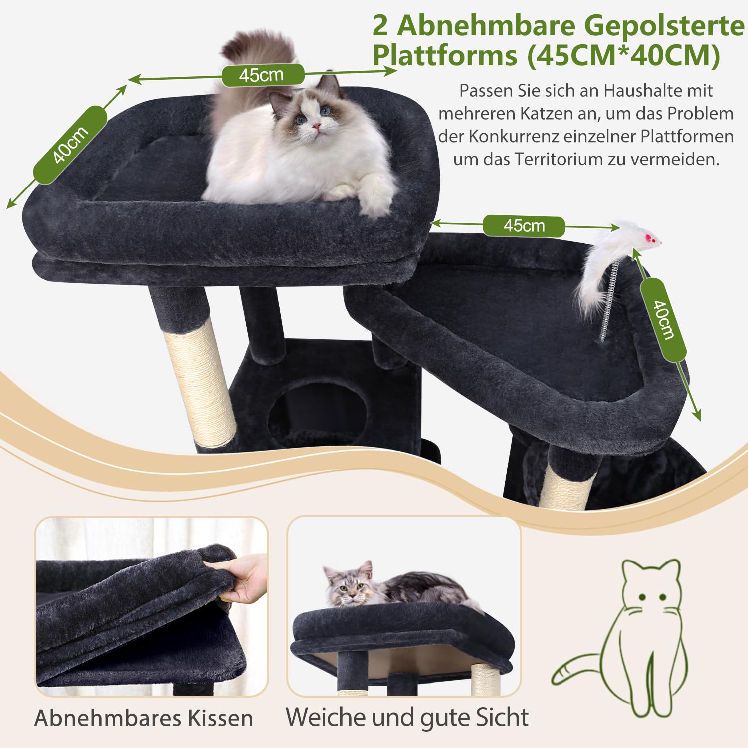 Globlazer S72E Kratzbaum Groß XXL hoch 180 cm für 2-6 Große Katzen Breit | Stabil Katzenbaum mit mit 2 Groß Plattformen, 2 Katzenhaus, 2 Korb, Sisal Kratzbrett, für Groß Katze Ausruhen Spielen Kratzen