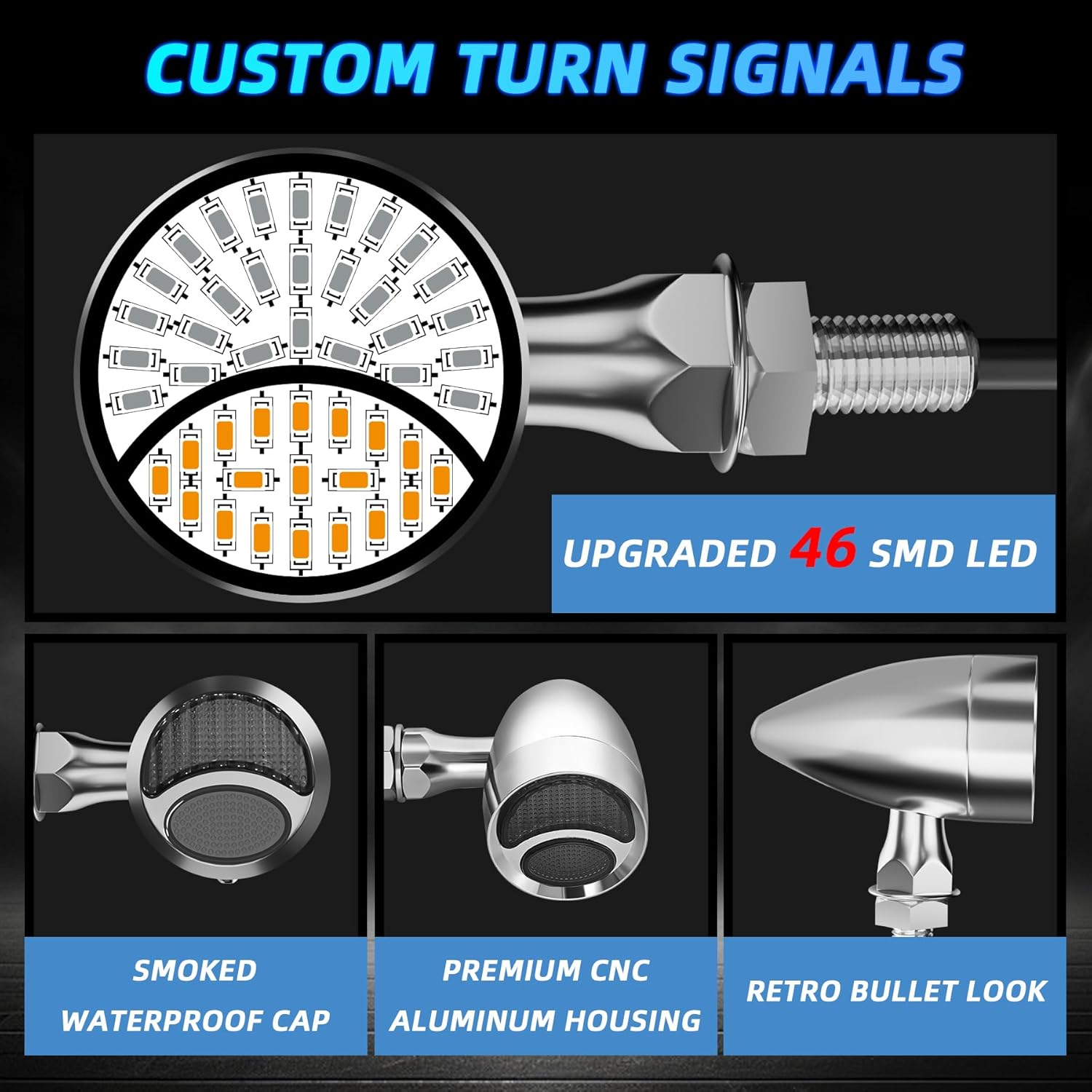 Motorcycle Bullet Turn Signals Led Rear Brake Tail Lights 2 Pack, Retro Dual Amber Red Switchback Light Motorbike Blinkers Universal For Chopper Bobber Harley Honda Suzuki Triumph - Chrome