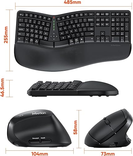 Miniatura 5 de MEETION Teclado y mouse inalámbricos ergonómicos, teclado Ergo con mouse vertical, teclado dividido con reposamuñecas acolchado, escritura natural,