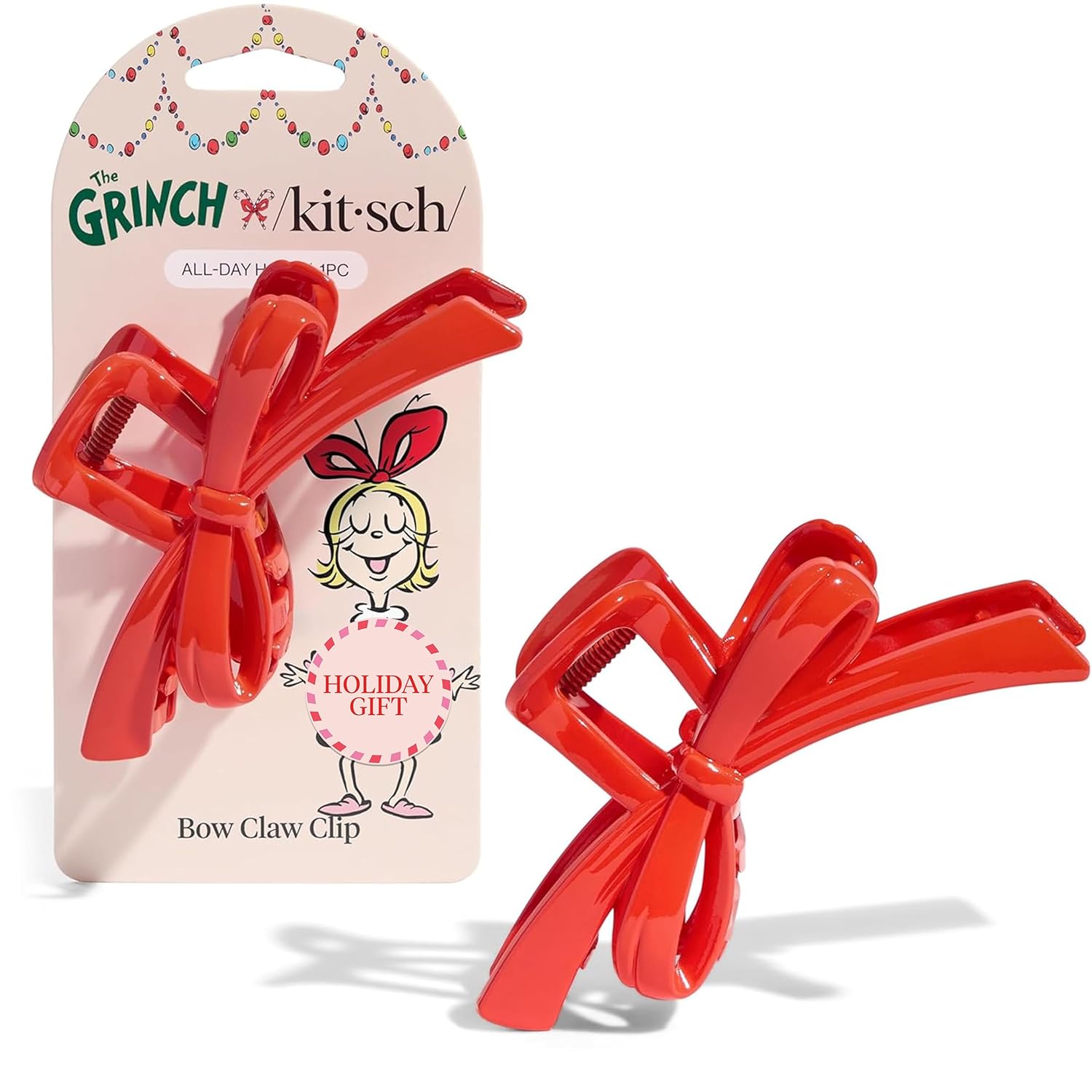 The Grinch x Kitsch Bow Hair Claw Clip for Women – Strong Hold for Thick or Thin Hair | Glossy Red Hair Clip for Holidays or Everyday Hairstyle | Ideal Stocking Stuffers and Gifts for Women - 1 pc