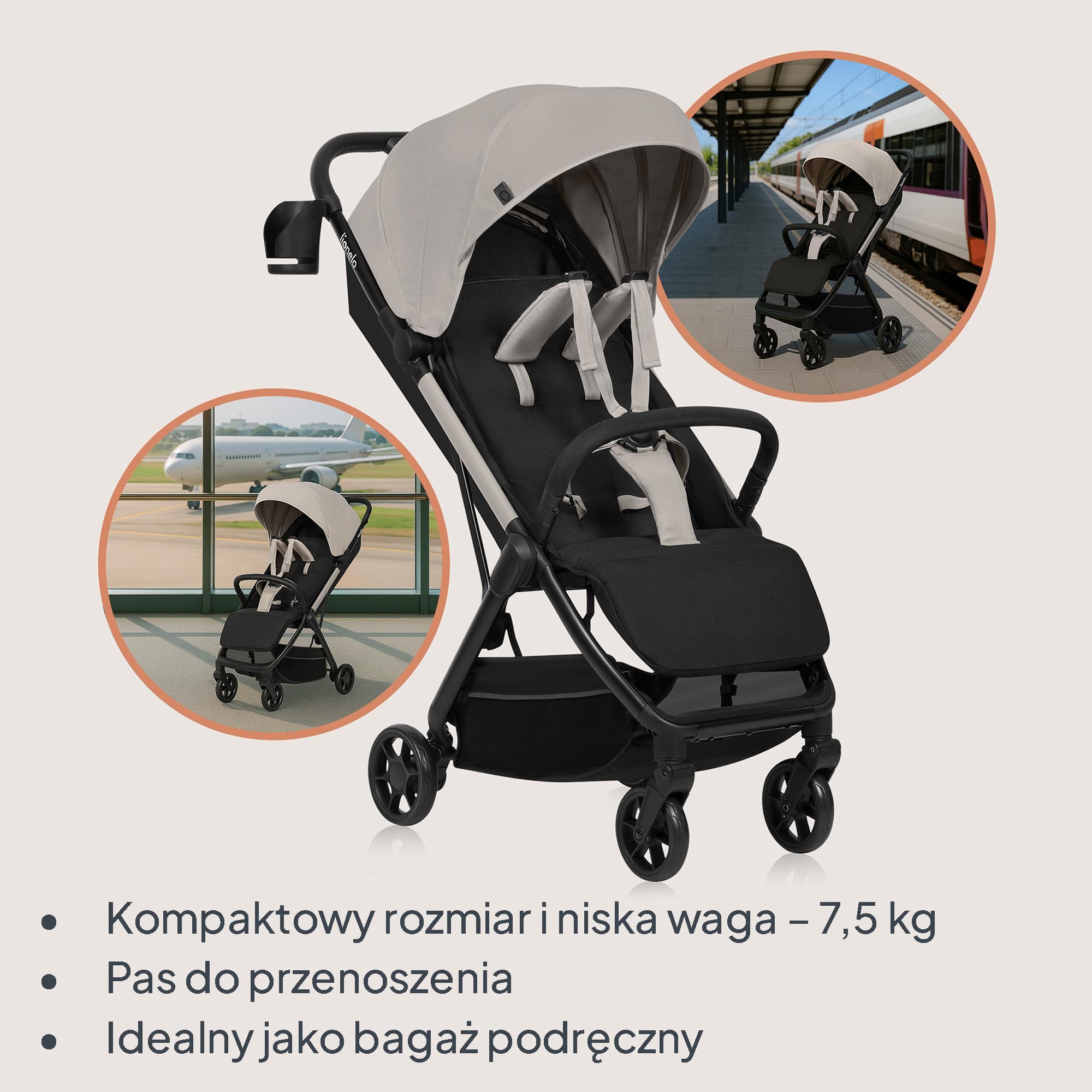 LIONELO Julie Air Spacerowy Wózek Dziecięcy do 22 kg od 6 m do 4 lat Do Samolotu Obrotowe Koła 360° Amortyzacja Składany Jedną Ręką Regulacja Oparcia Daszek UPF50+, Lekki | Koła obrotowe 360°, zawieszenie jednoręczne, mechanizm składania z regulacją oparc