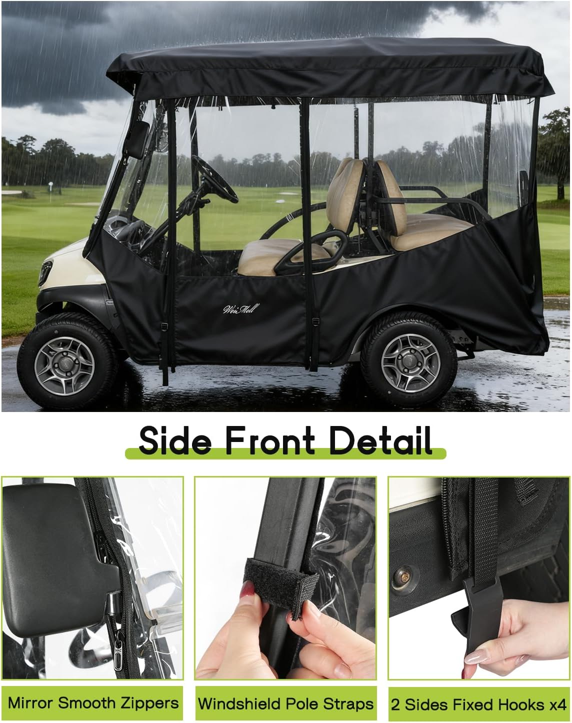 Golf Cart Enclosure 4 Passenger for Club Car Tempo Onward Extended Roof 88" 4-Seater 600D Waterproof Transparent Driving Rain Cover with 4-Sided Clear Windows Roll-up Door Black
