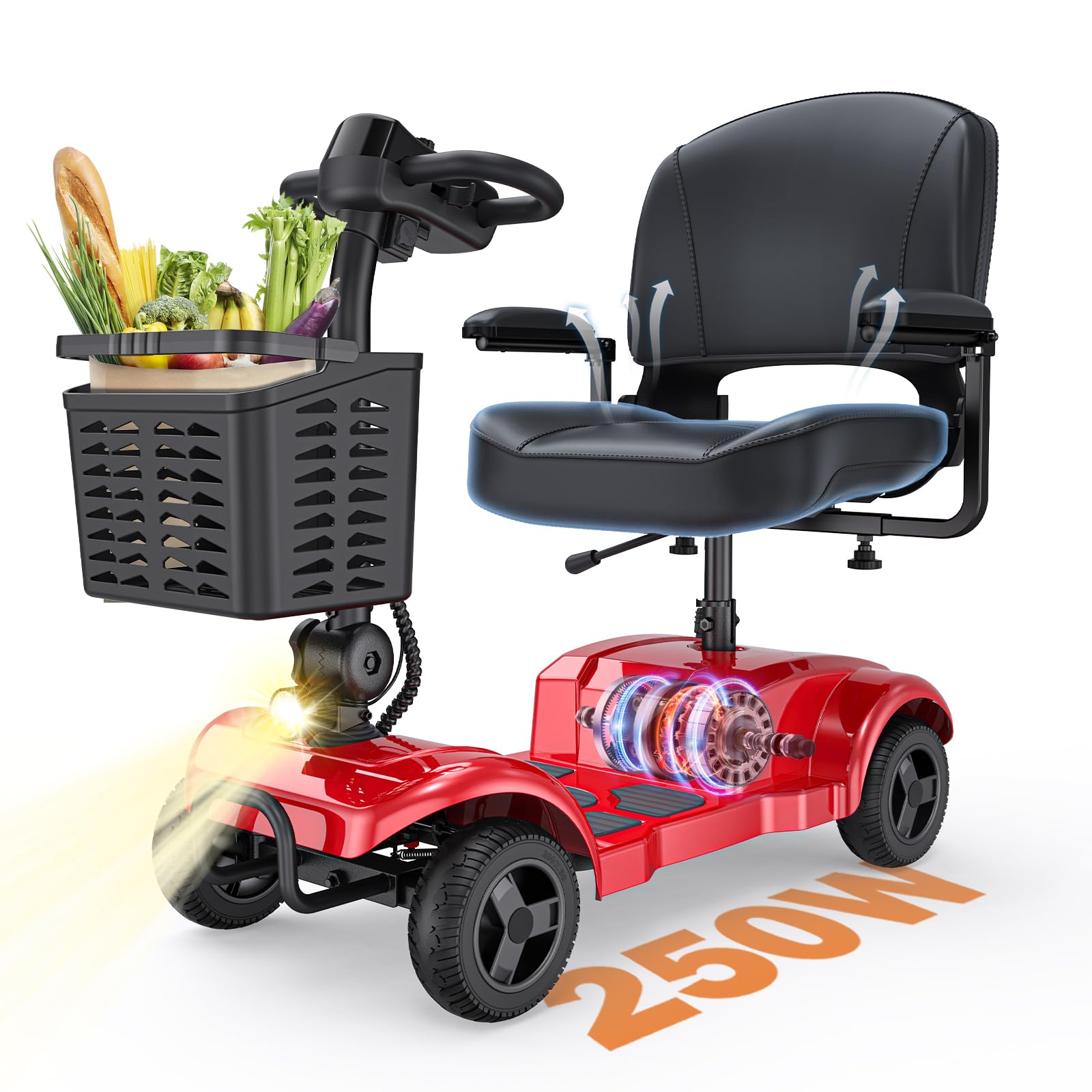 ENGWE Folding 4 Wheel Mobility Scooter,15 Mile Long Range, 250W Electric Powered Mobile Wheelchair for Seniors Adult with Detachable Basket, Front Light (Red, XL Cushion)