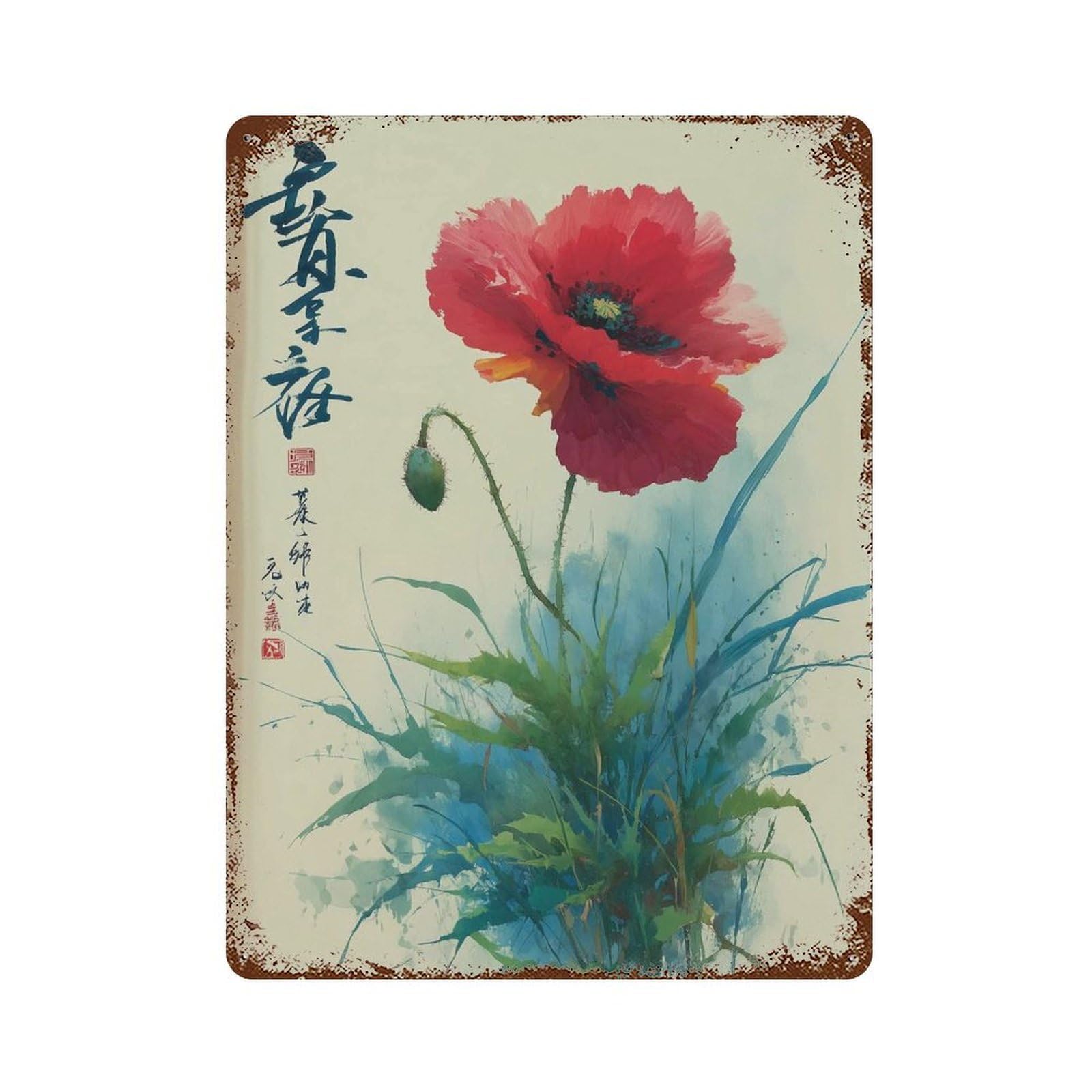 xiaoxiaoshen Red Poppy Watercolor Japanese Floral Minimal Ink Flower Work Botanical Asian Sty Wall Decor Art Metal Tin Poster Modern Home Decor Art Home Bar Shop Decorations Vintage Sign 40x30cm