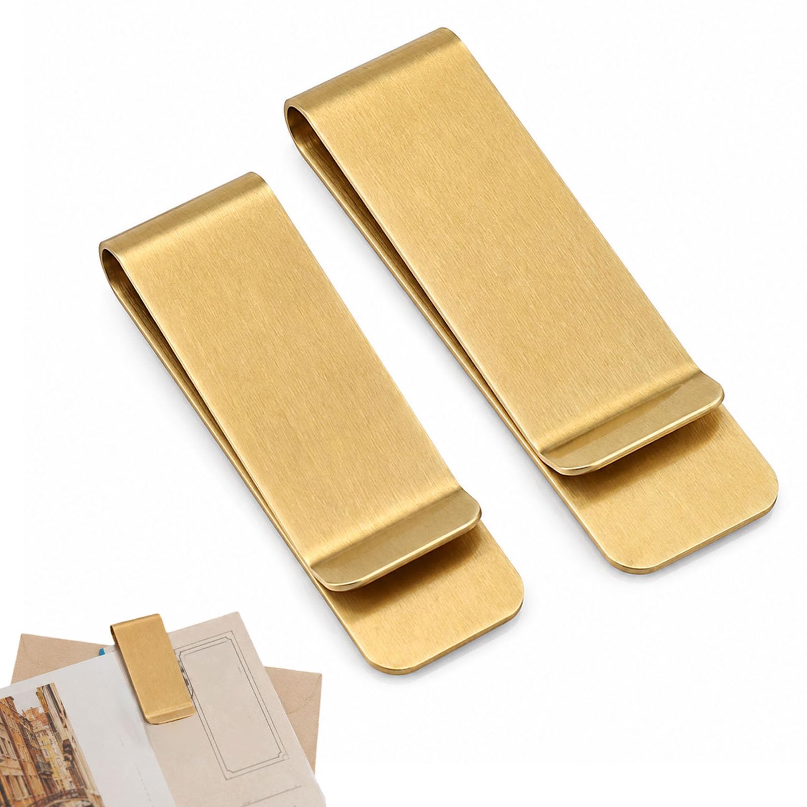 HOQBFSN 2 Pcs Brass Metal Money Clips, Slim Lightweight Cash Bill Holders, Portable Business Credit Card Wallet Clips for Adult Men Women Office Daily Pocket Carry