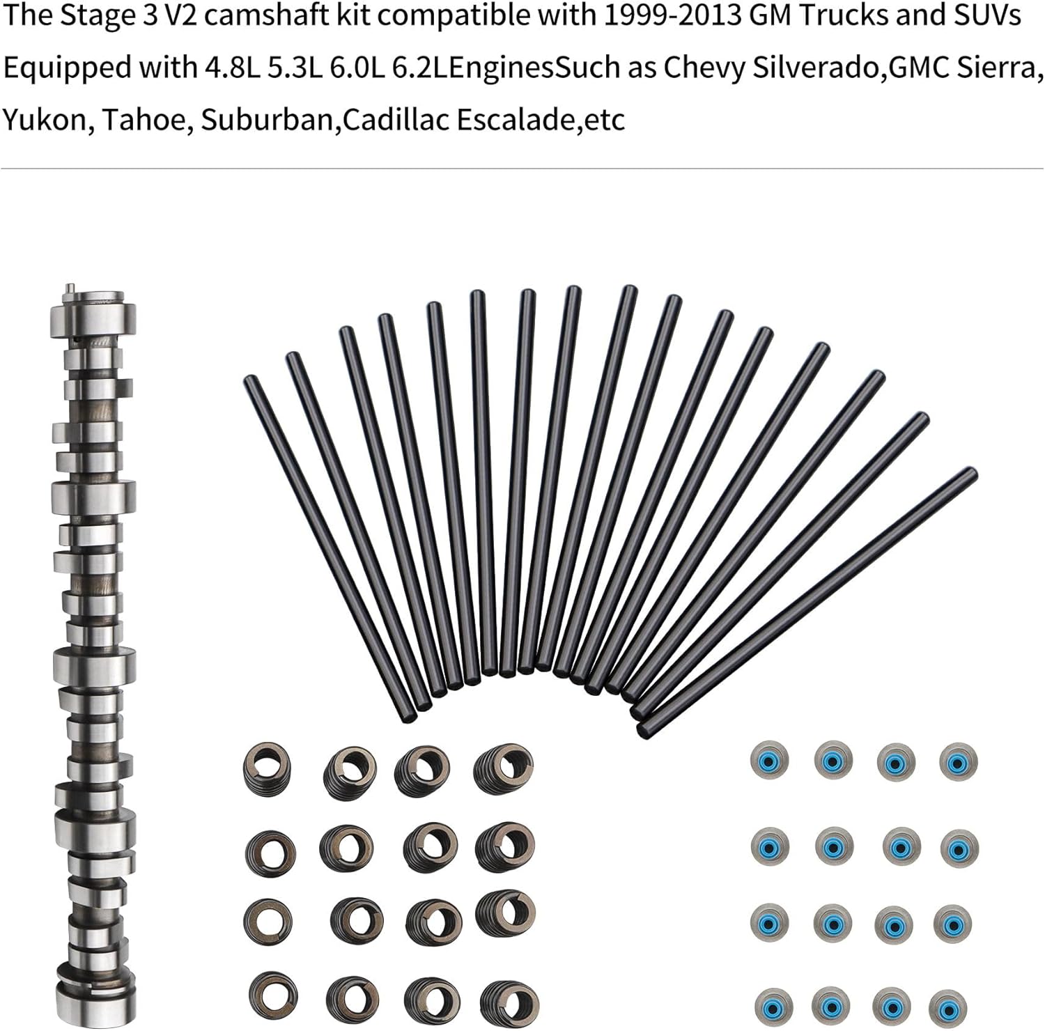 Stage 3 LS Truck Cam Kit for GM 1999-2013 Equipped with 4.8L 5.3L 6.0L 6.2L Engines, Silverado Sierra Vortec, Includes Stage III Camshaft, Beehive Springs, Hat Valve Seals, 7.400 Pushrods