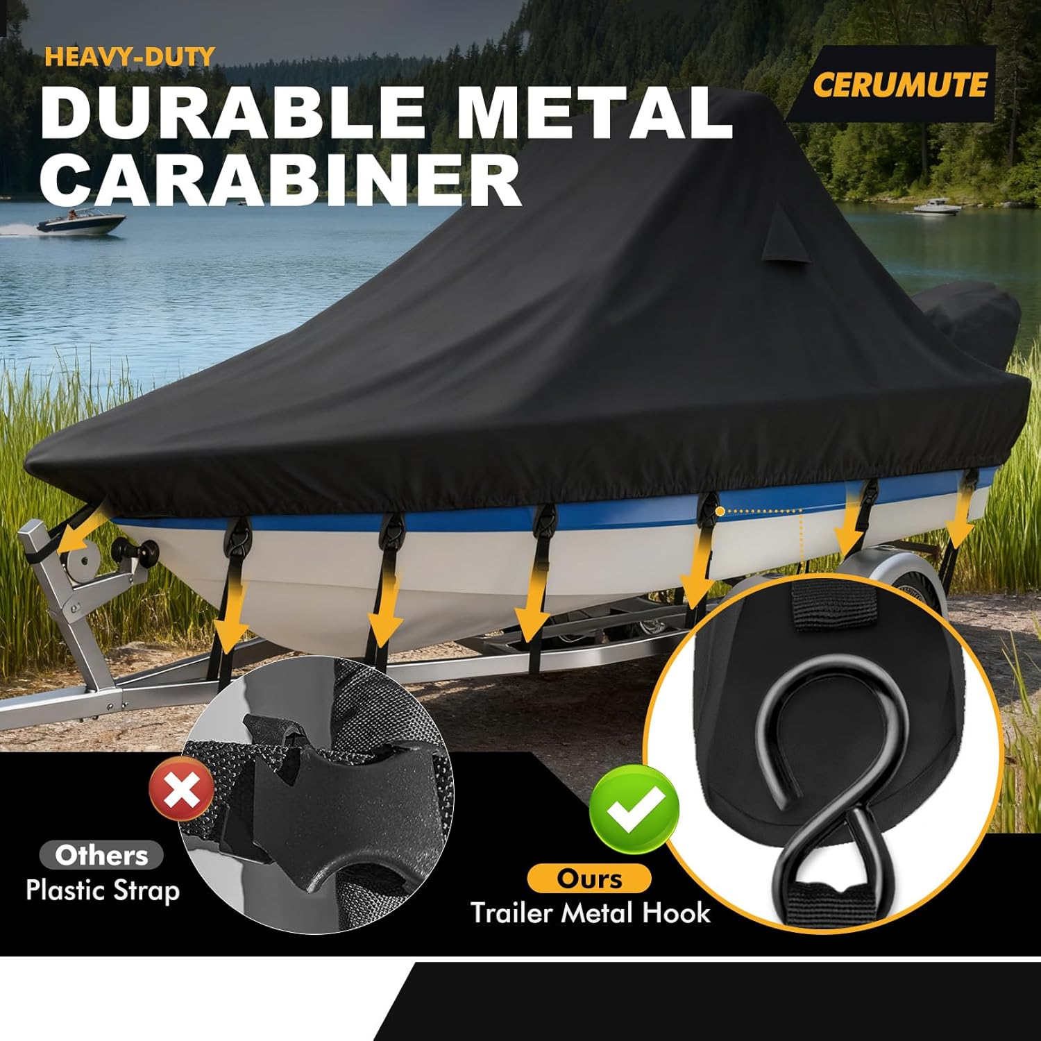 1200D Wake Tower Boat Cover with Adjustable Metal Hooks,Heavy Duty Wakeboard Boat Cover Waterproof, Fits 21-23ft V-Hull Ski/Wakeboard Boats,Black