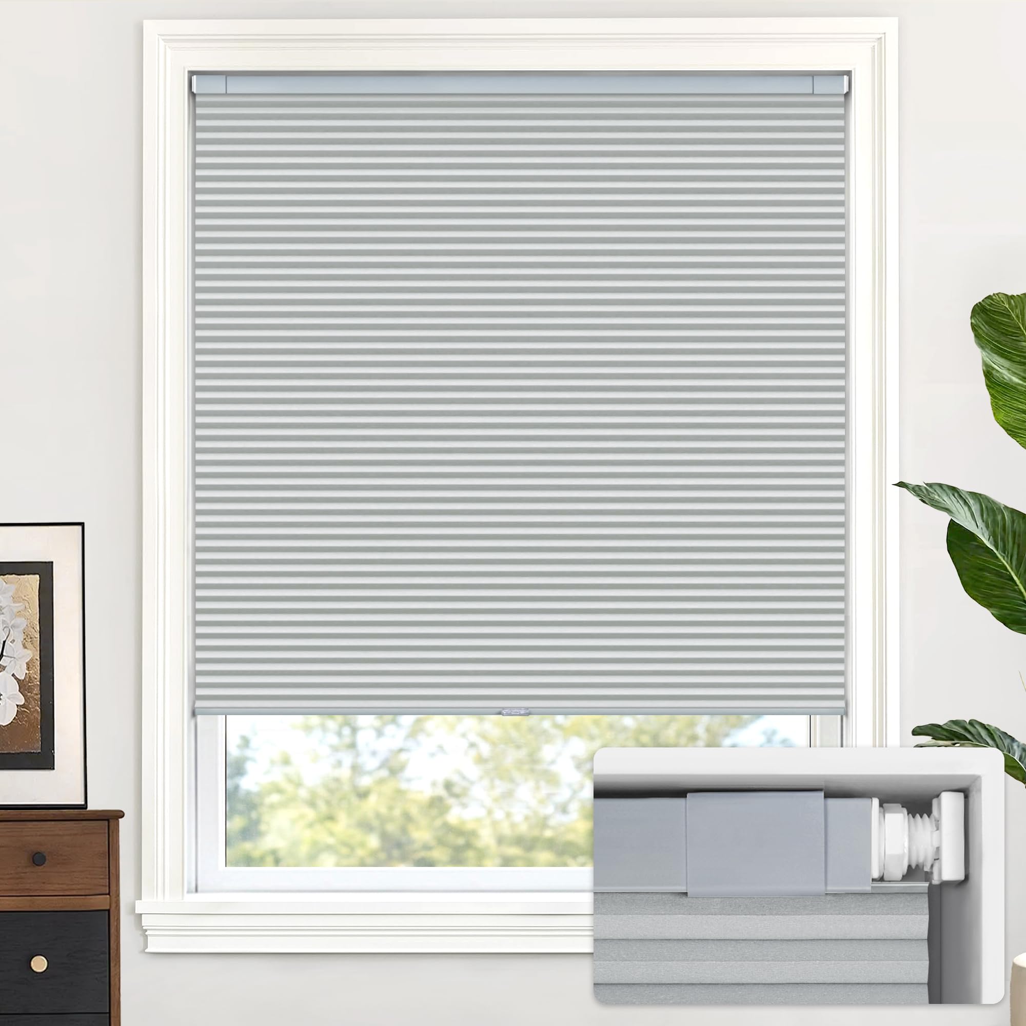 LazBlinds Cordless Cellular Shades, No Tools No Drill Blackout Honeycomb Shades Pleated Blinds for Windows, 47" W x 64" H, Dark Grey