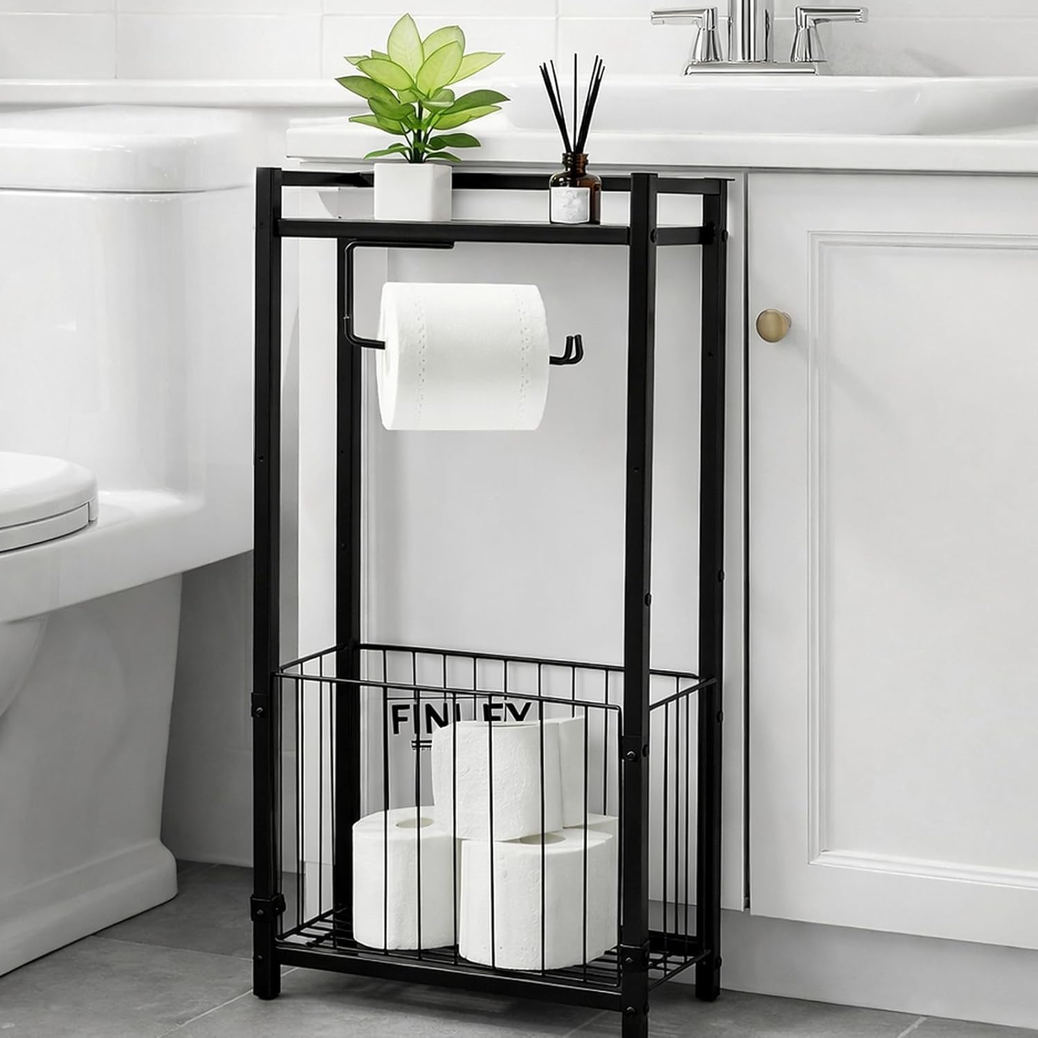 Standing Toilet Paper Holder with Shelf, Black Free Standing Toilet Paper Holder Stand, Bathroom Toilet Paper Storage Holder for Bathroom Organization