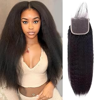 Kinky Straight 4x4 HD Lace Closure Human Hair Extensions 12A Brazilian Virgin Remy 100% Unprocessed Human Hair Yaki Straight Free Part Closure Only Pre Plucked With Baby Hair Natural Black 14 inch