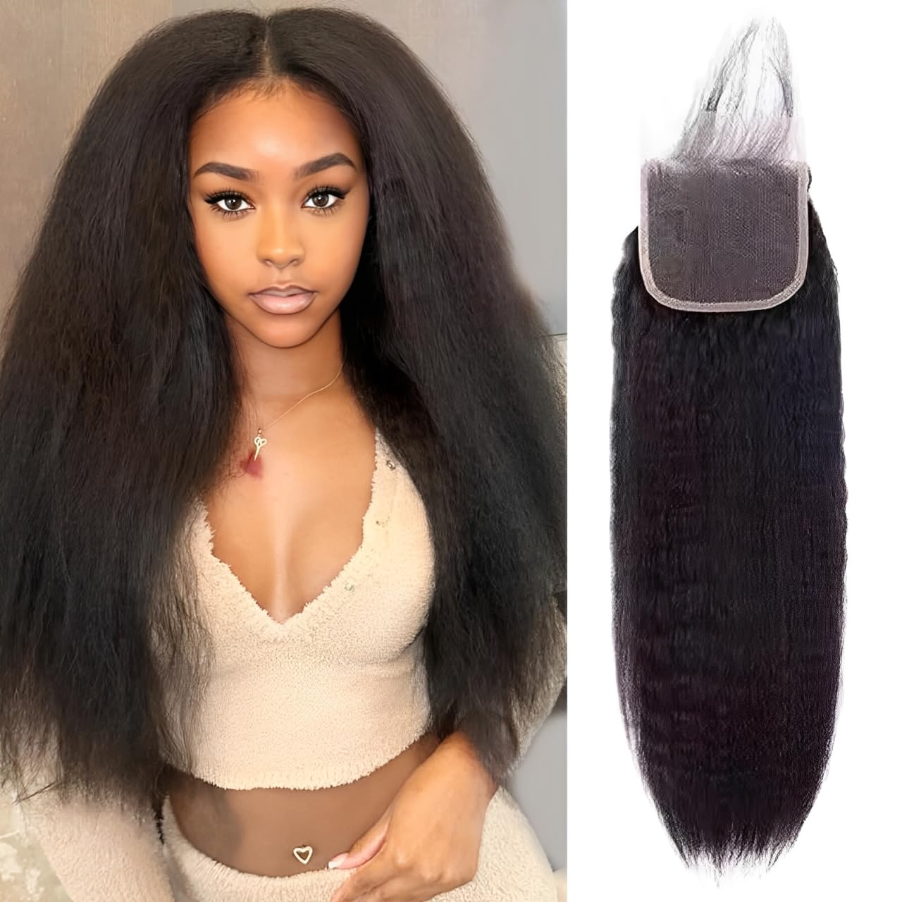 Kinky Straight 4x4 HD Lace Closure Human Hair Extensions 12A Brazilian Virgin Remy 100% Unprocessed Human Hair Yaki Straight Free Part Closure Only Pre Plucked With Baby Hair Natural Black 16 inch