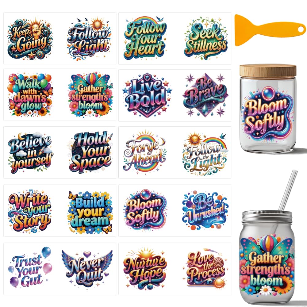 arricraft 10 Pcs 3D Text PVC Cup Transfer Stickers, Colorful Inspirational Quotes Pattern UV Waterproof Cup Sticker for 16 oz Glasses Window Home Printing Decoration 24x11cm — image 1