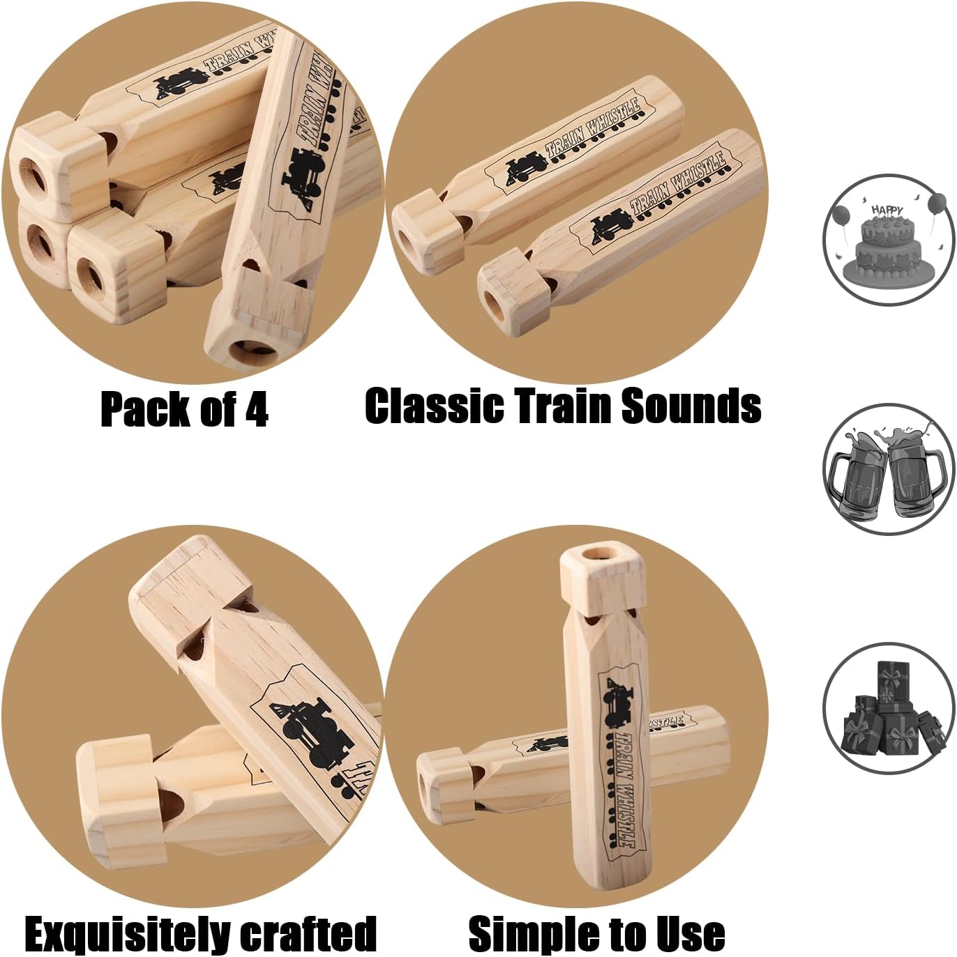 4PCS Wooden Train Whistles - 4 Tone 7.5" Large Wood Whistle, Trains Party Favors, Game Prizes, Theme Birthday Decorations, Noisemakers for Parties Carnival Prize Games Cheering Prop or Educational