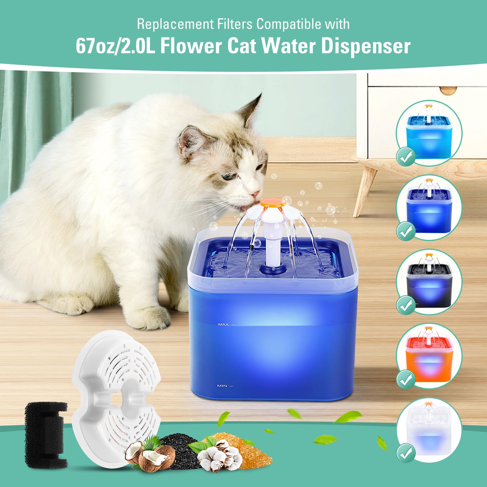 Paquete de 8 filtros de repuesto y 8 filtros de bomba para fuente colorida para gatos de 67 onzas/2 L con luz LED, filtro de fuente de agua para gatos BFLICROY con filtración cuádruple