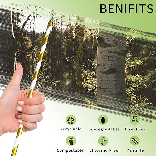 Miniatura 3 de Pajitas de papel doradas y blancas, pajitas de papel de aluminio a rayas doradas, desechables, para decoración de cumpleaños, bodas, fiestas