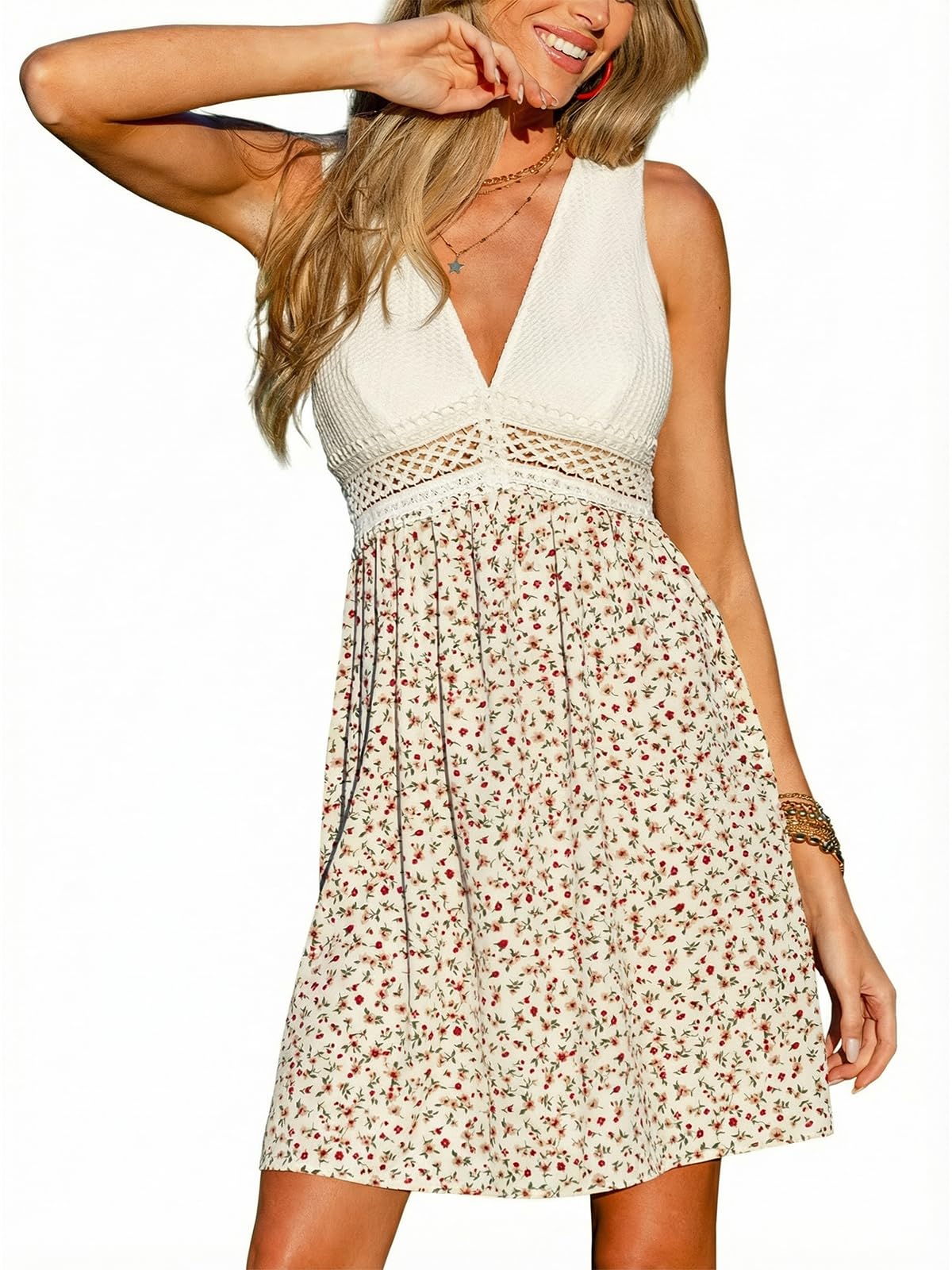 CUPSHE Mini prendisole da donna con scollo a V floreale, in pizzo, con allacciatura sul retro, abito estivo da spiaggia e vacanza