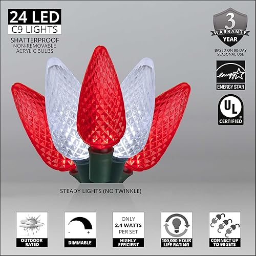 Miniatura 2 de Wintergreen Lighting 24 luces LED de Navidad C9 rojas y blancas, 16.3 pies - Cadena de luces C9 C9 de bastón de caramelo para interiores y exteriores