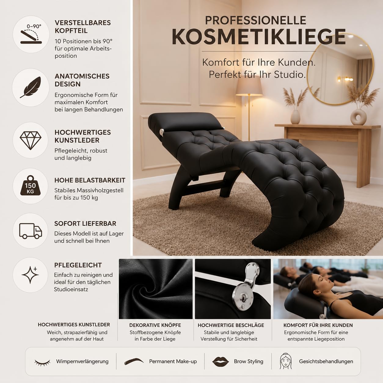 Untitled Kosmetikliege mit verstellbarem Kopfteil aus Kunstleder, 175 × 70 cm, Behandlungsliege für Wimpernverlängerung, PMU, Kosmetikstudio, Schwarz, sofort lieferbar