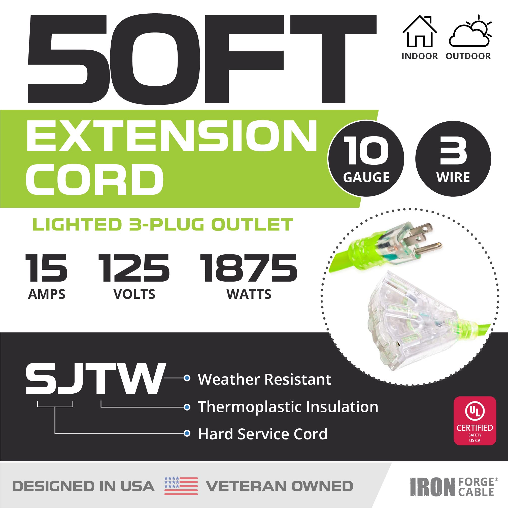 Cable de extensión para exteriores de 50 pies con 3 tomas de corriente eléctrica, 10/3 SJTW verde neón de alta visibilidad, cable de extensión de calibre 10 con enchufe a tierra de 3 clavijas para