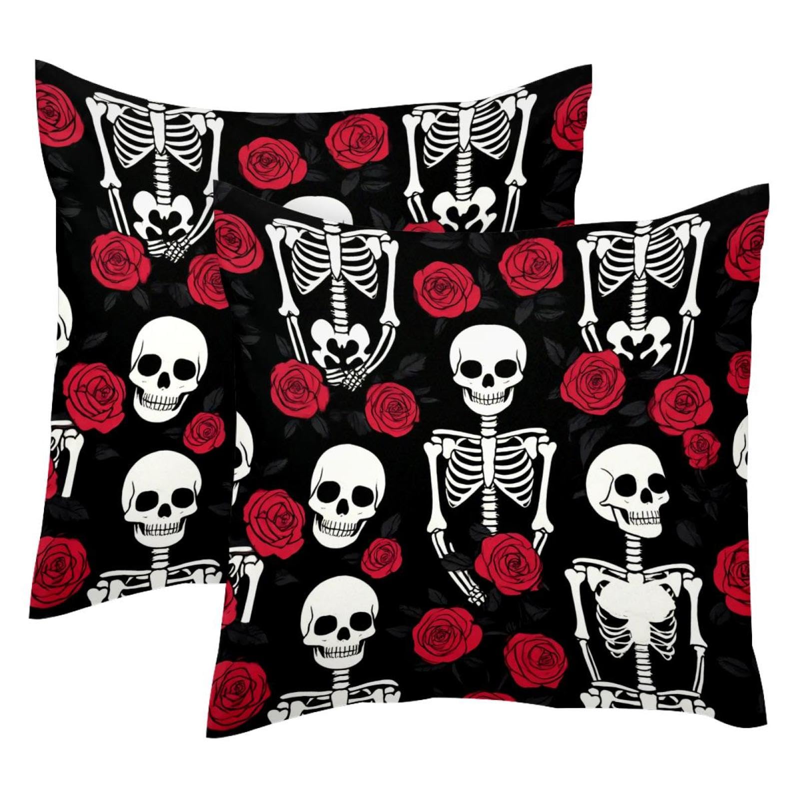 Fundas de cojín de terciopelo de calavera y rosas decorativas de 50x50