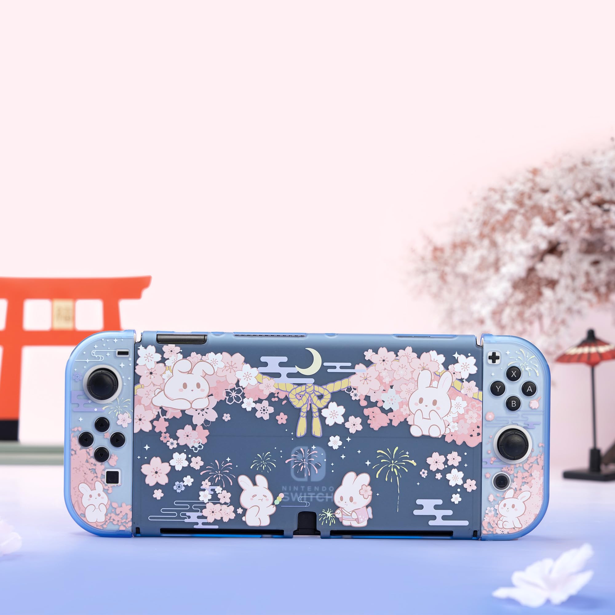 GeekShare Funda protectora rígida de policarbonato para Switch OLED modelo Cute Bunny Slim Cover Case compatible con Nintendo Switch OLED - Conejo Sakura morado