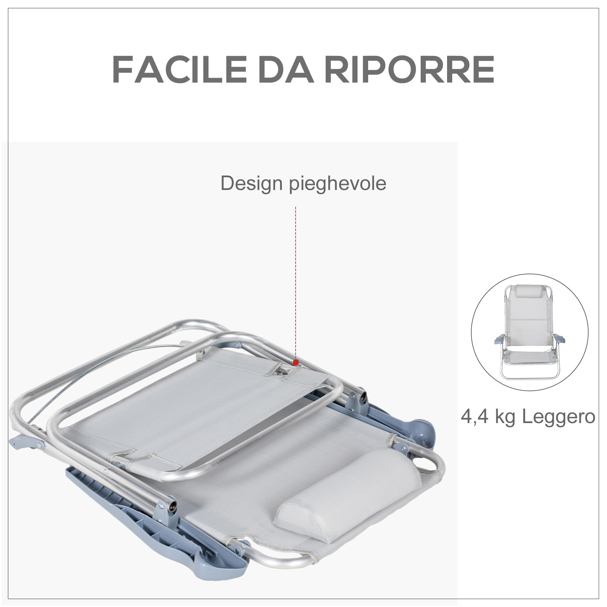 Outsunny Set 2 Sedie da Campeggio Pieghevoli con Poggiatesta Imbottito, Sedia da Pesca con Schienale Regolabile su 6 Livelli in Alluminio e Schiuma, 62x65x80 cm, Grigio Chiaro