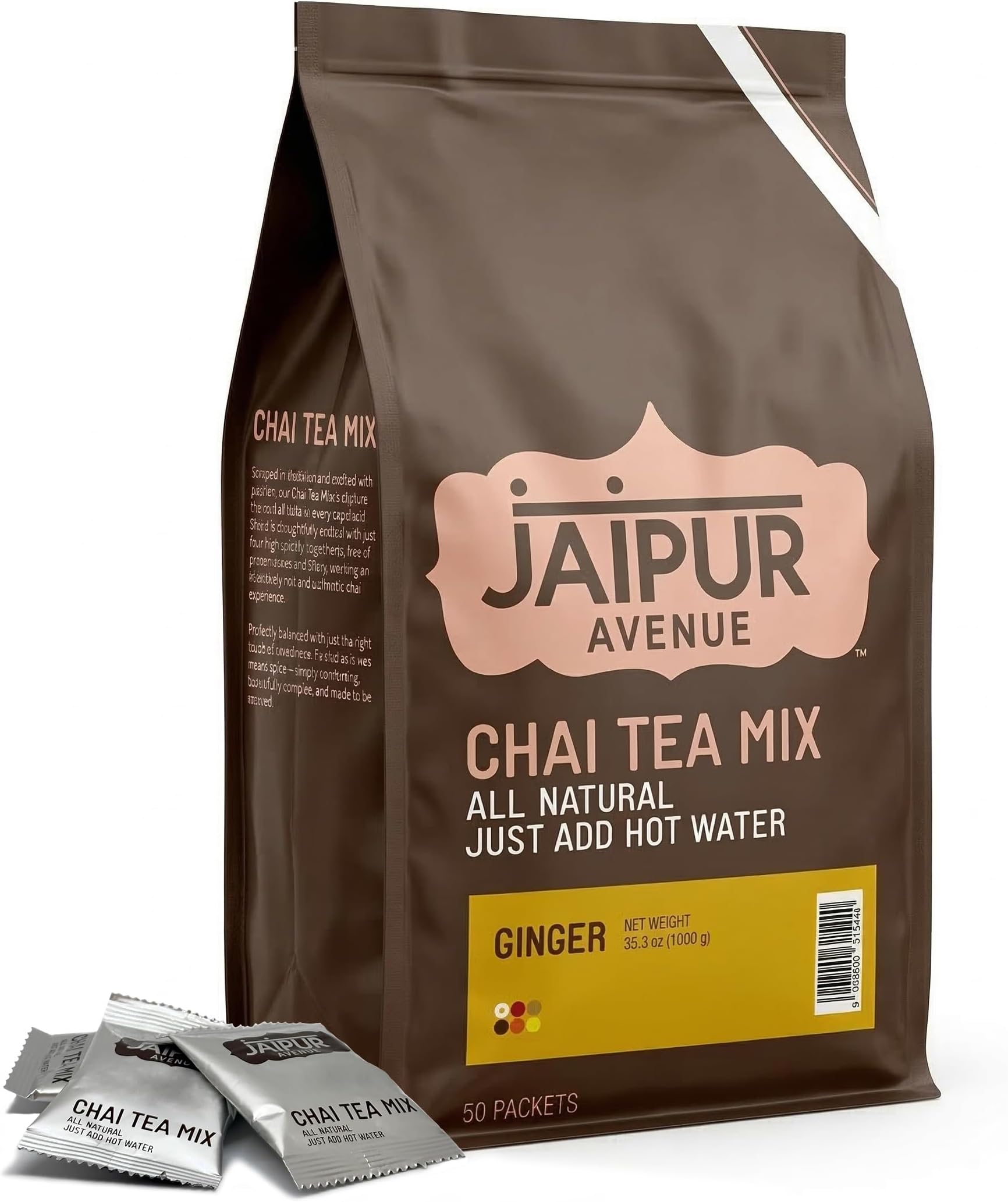 Ginger Chai Tea Mix Crafted with All-Natural Assam Black Tea, Ginger, Cane Sugar, and Premium Dry Milk - Preservative-Free, Gluten-Free, Authentic Indian Chai Tea Latte (50-Count Bag)
