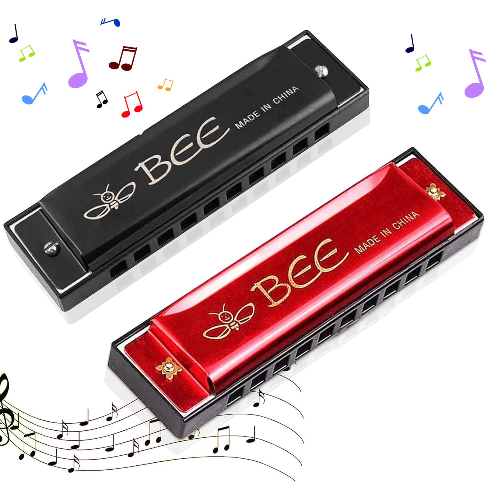 Lot de 2 pièces d’harmonica, jouets en harmonica, harmonica, do-majeur, convient au blues, à 10 trous, pour enfants/débutant, rouge et noir