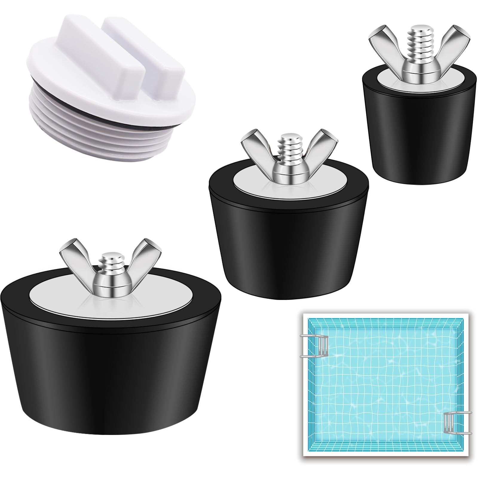 Aienxn 4PCS 3 Sizes (1 inch, 1.5 inch, 2 inch) Rubber Skimmer Plugs and 1PCS 1.5" Threaded Pool Return Plug for Inground, Above Ground, Winter Pool