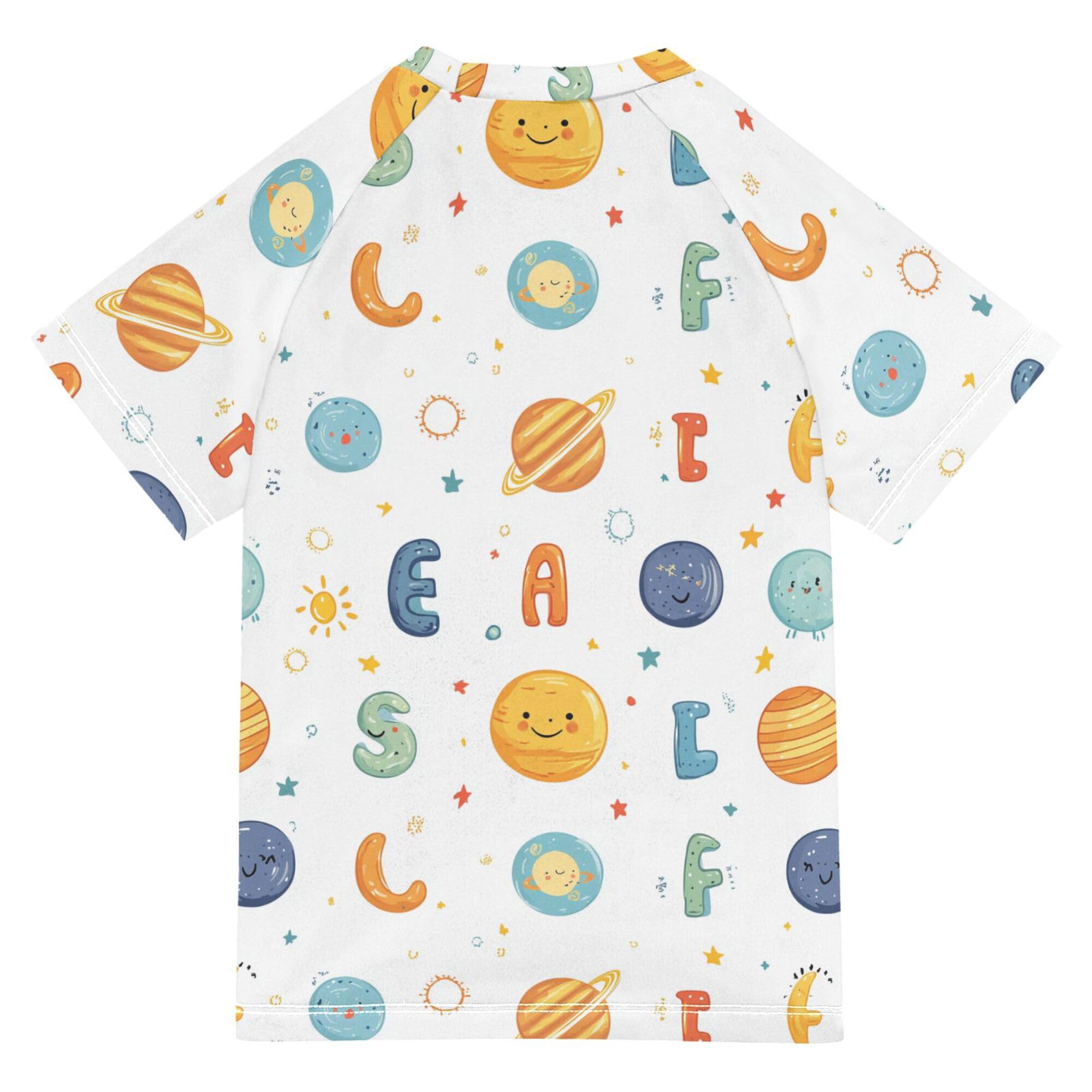 Cartoon Planets Alphabet White Girl Bathing Suit Sun Protection Teen Rash Guard Swimsuit Swimwears Shirts for Youth Boys 11-12Y