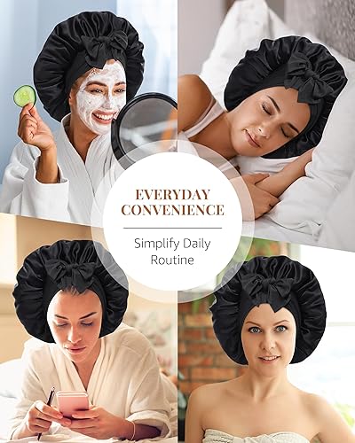 Miniatura 6 de Gorro de seda de AWAYTR para dormir, mujeres, 100% seda de morera con banda, reversible de 2 capas, envoltura para el cabello para dormir (Negro,