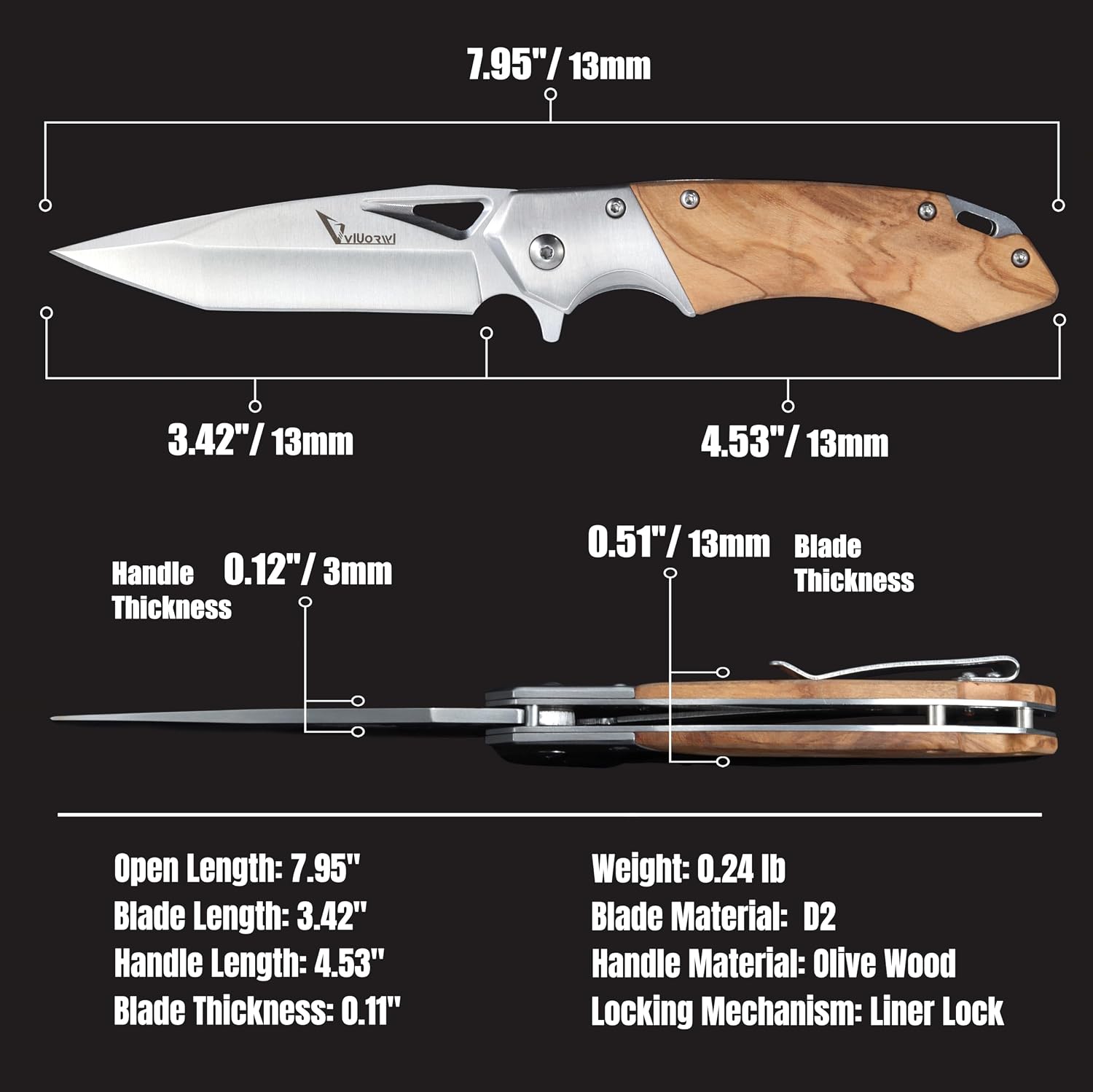 Valor Pocket Knife for Men, 3.86” D2 Steel Blade with Liner Lock, Olive Wood Handle Folding Knife for Camping Hiking Outdoors, Everyday Carry