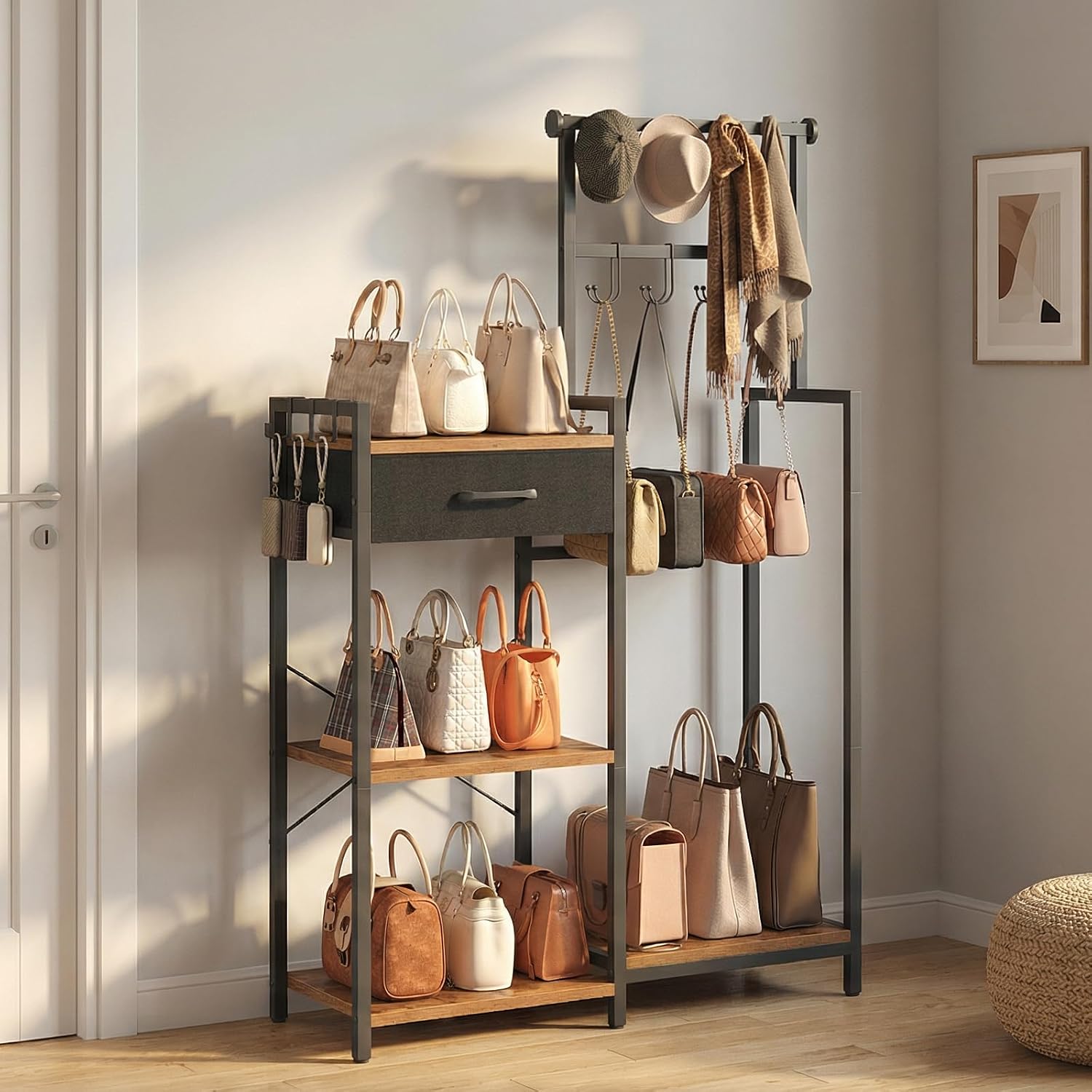 MAHANCRIS Tall Purse Organizer Rack for Closet, Handbag Storage Stand with 11 Hooks & Shelves, Floor Standing Bag Organizer for Small Spaces, Multi-Purpose Handbag Holder for Bedroom, Rustic Brown