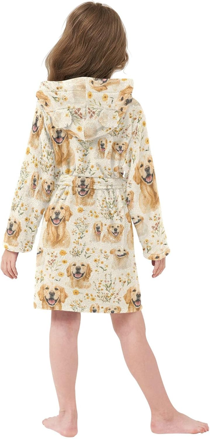 Golden Retrievers Dogs Bathrobe Hooded PJ Robe Plush Fleece Robe Pajama Sleepwear 2-12 Years