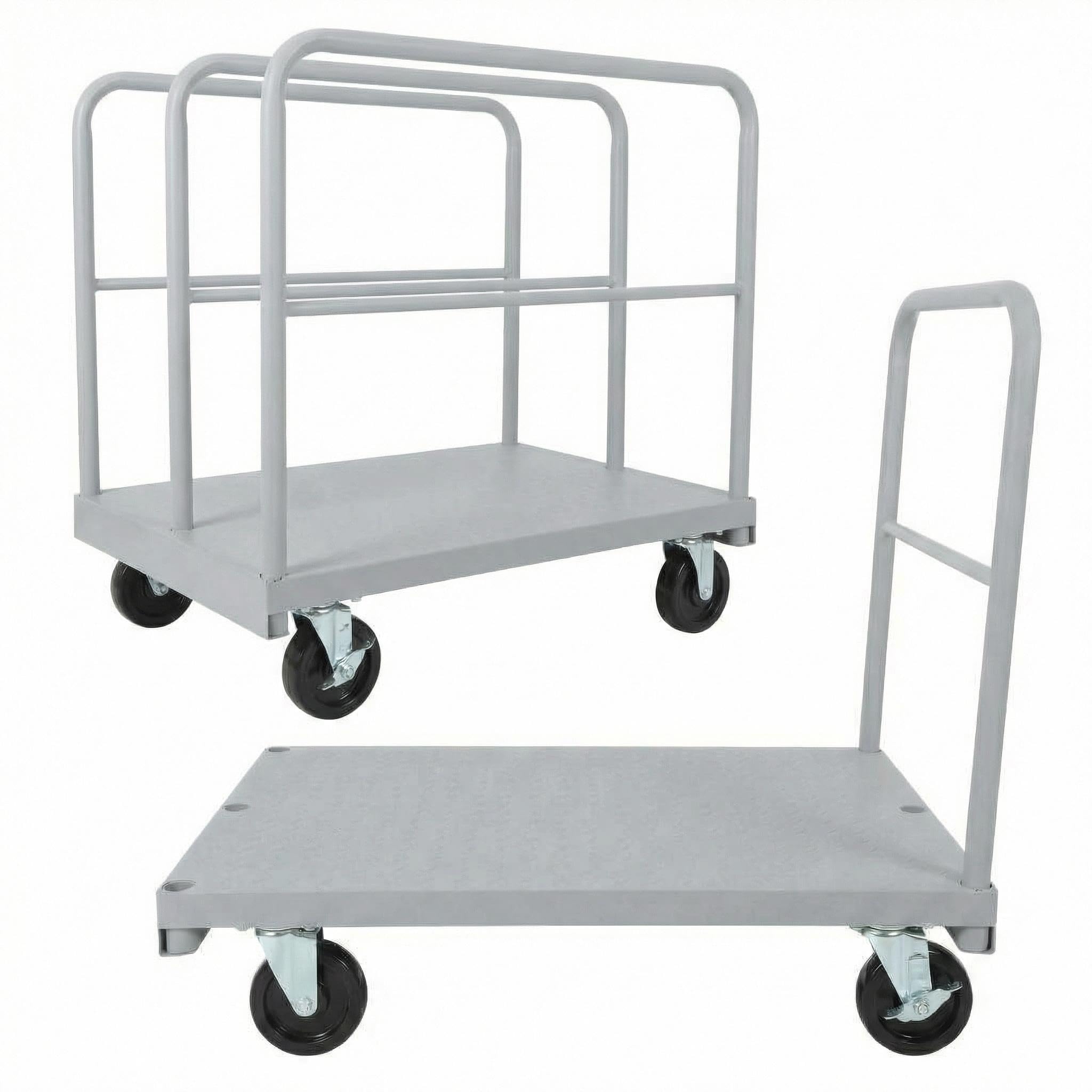2-in-1 Platform Truck, 2200 LBS Heavy Duty Steel Panel Dolly, 36 x 24 Inch Panel Truck Cart with 3 Handrails &amp; Rubber Swivel Casters, for Factory, Warehouse, Garage, Moving and Storage