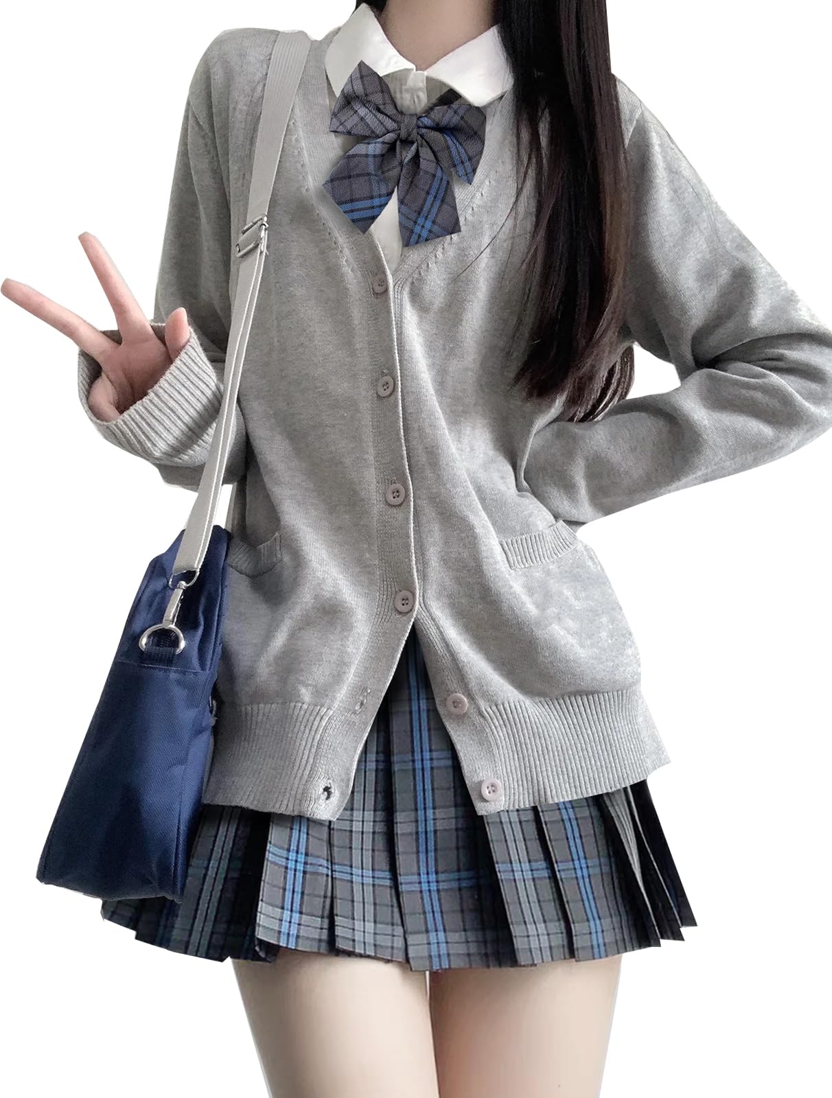 School Uniform for High School Girls, 4-Piece Set: Cardigan, Skirt, Shirt, Bow Tie, Knit, Student Uniform, School Uniform, for High School and Middle School Students, Cosplay, Amusement Park - Small - gray (light gray)