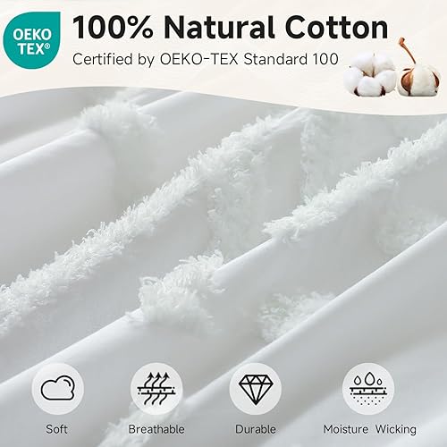 Miniatura 2 de Simple&Opulence Juego de funda de edredón 100 % algodón bohemio copetudo, tamaño Queen, funda de edredón bordada con textura blanca con 2 fundas de