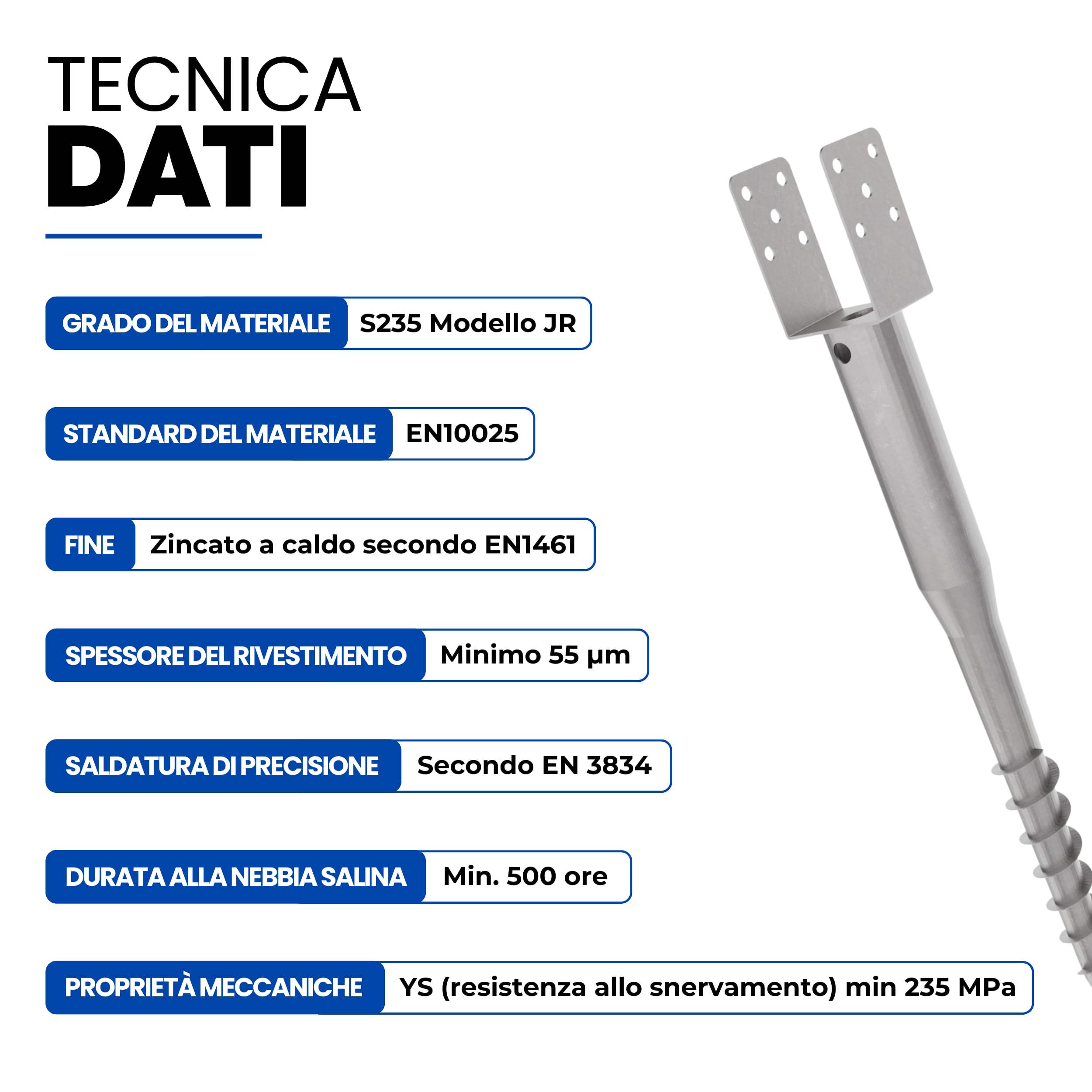 Staffa ad U con Perno a Spirale 96 x 865 mm Manicotti a Vite per Pali da Avvitare Ancoraggio da Terra