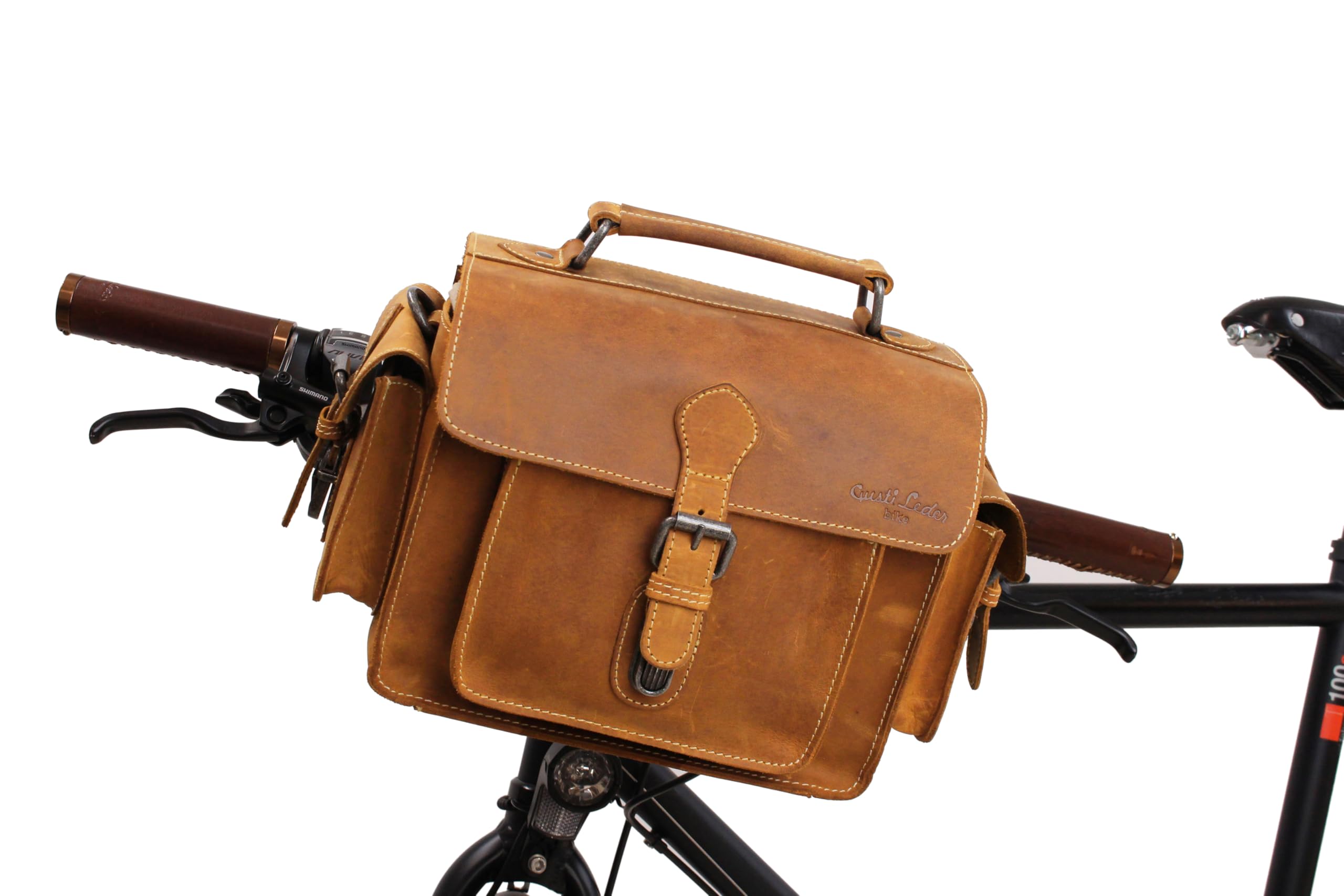 Gusti 2 in 1 Lenkertasche Leder - Gabriel Umhängetasche Fahrradtasche Tasche Ledertasche Vintage Braun Leder kompatibel mit KlickFix ohne Adapter