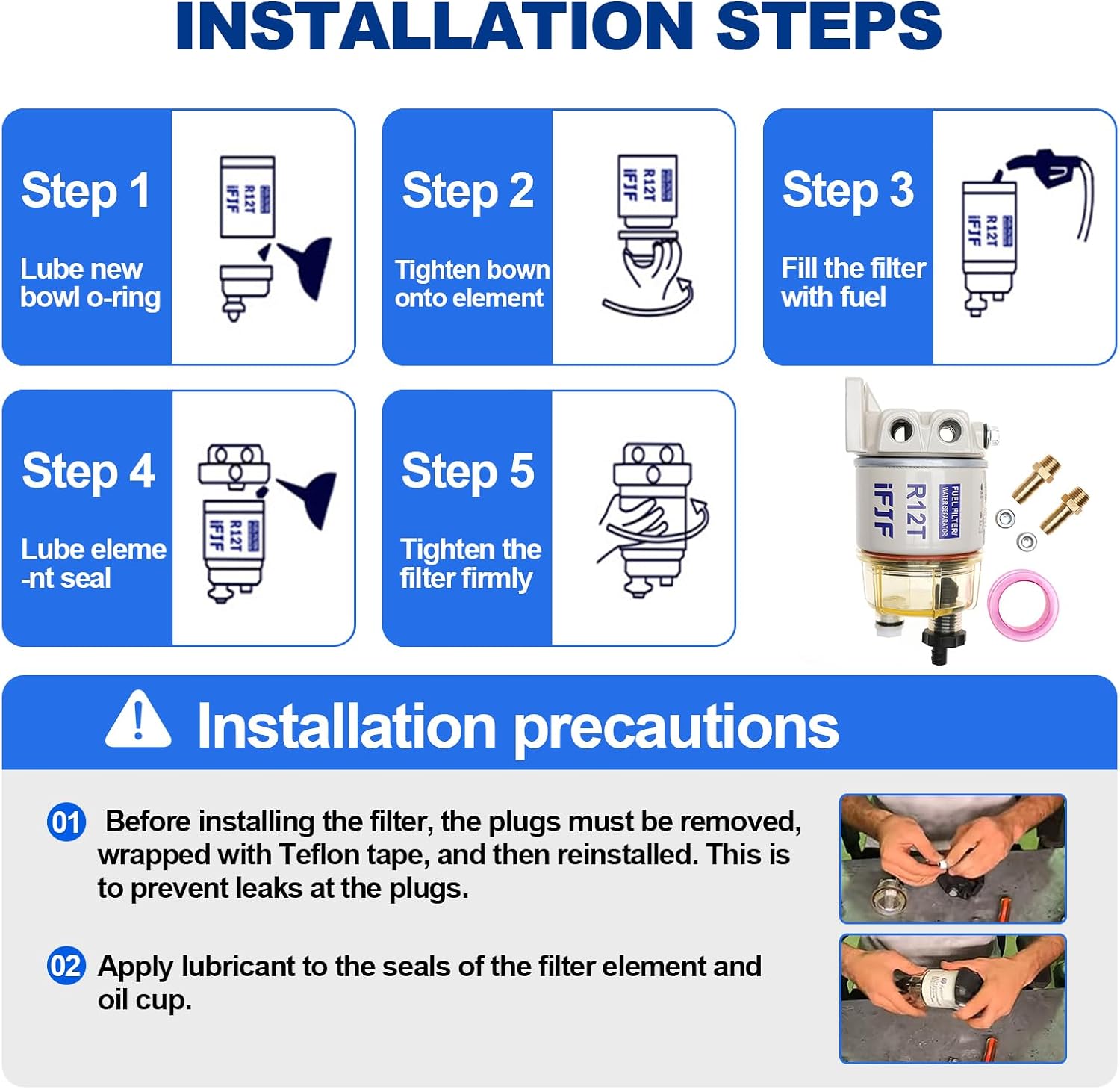 iFJF R12T Fuel Water Separator Marine Assembly - 10 Micron Diesel Engine Filter with 15 GPH Flow Rate - NPT ZG1/4-19 Ports, 2 Fittings & 2 Plugs - Replaces S3240 120AT 18-7987 for Boat Tractor Skid St