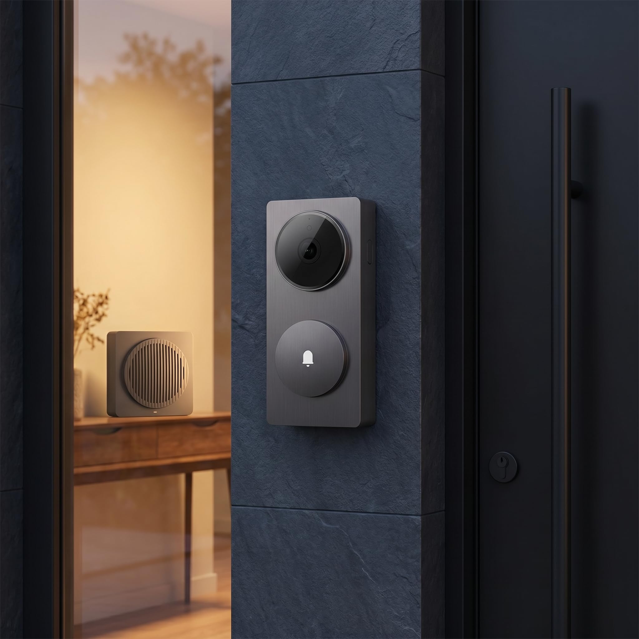Timbre inalámbrico para el hogar con Videos de definición Ultras y cámara de Timbre ABS con Lente Gran, Negro grisáceo