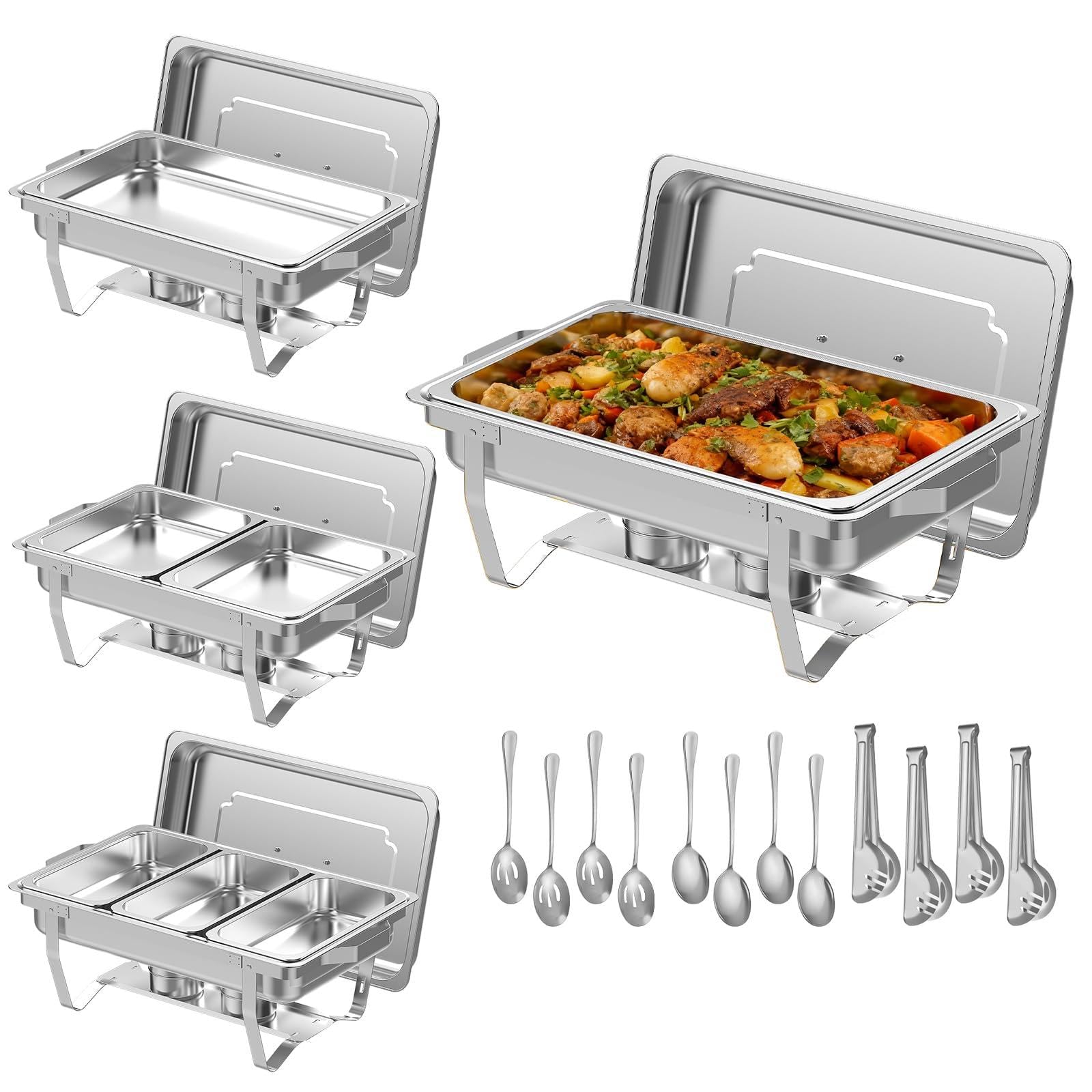 4 pack 9 qt chafing dishes buffet set - silver stainless steel food warmers with 12 serving utensils (tongs, ladles, spoons) for bbq, parties, catering, weddings, events