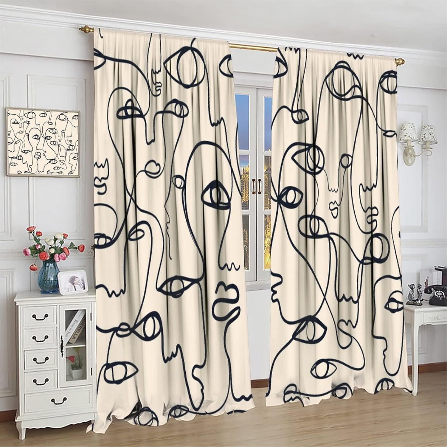 Human Faces Curtains Modern Mid Century Minimalist Aesthetic Boho Beige Simple Line Art Female Portrait Fashion Window Drapes for Living Bedroom 42x45 Inch