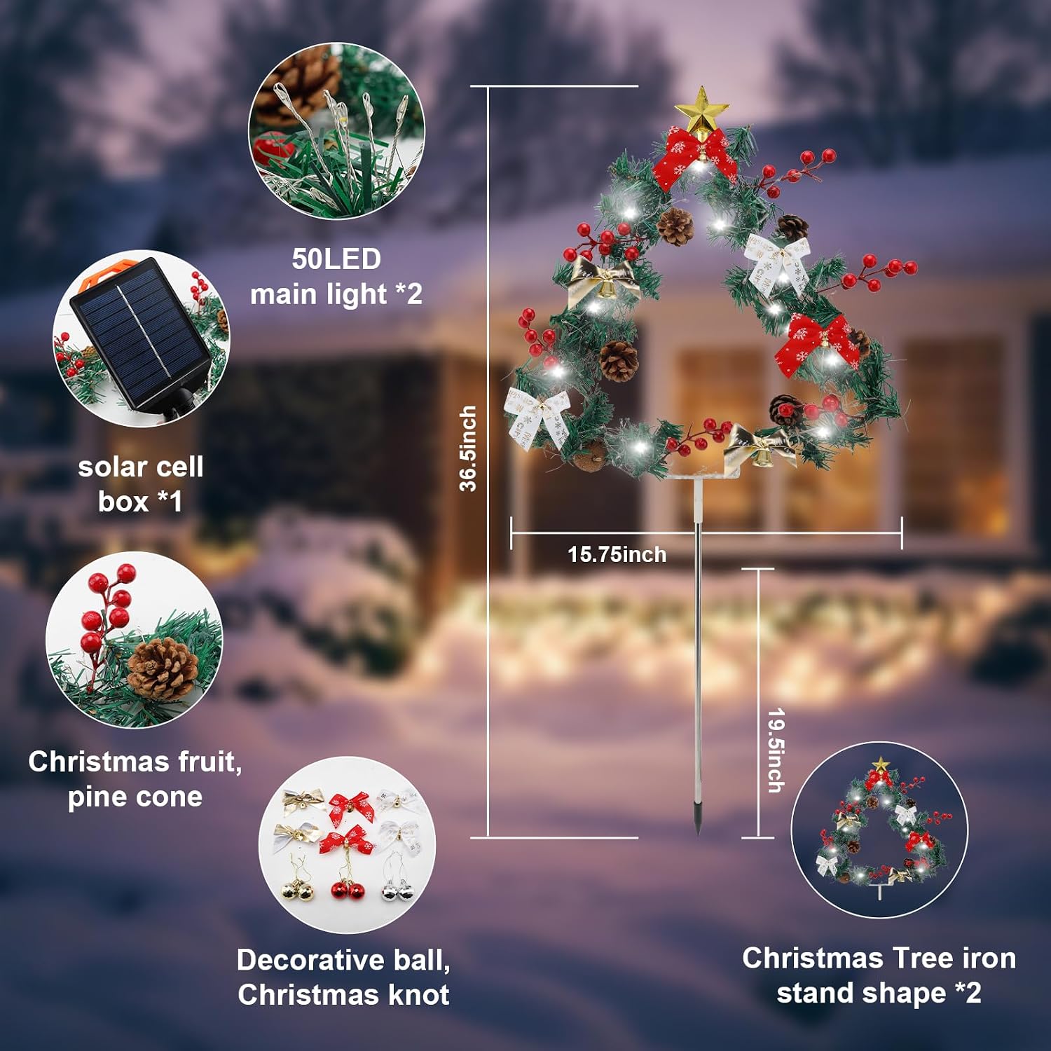 2 Pack Solar Christmas Tree Lights Outside Christmas Decorations 36.5 in 50LED Garden Decorations, 13 Modes Multi-Color Lights for Xmas Holidays Pathway Garden Yard Decor(White)