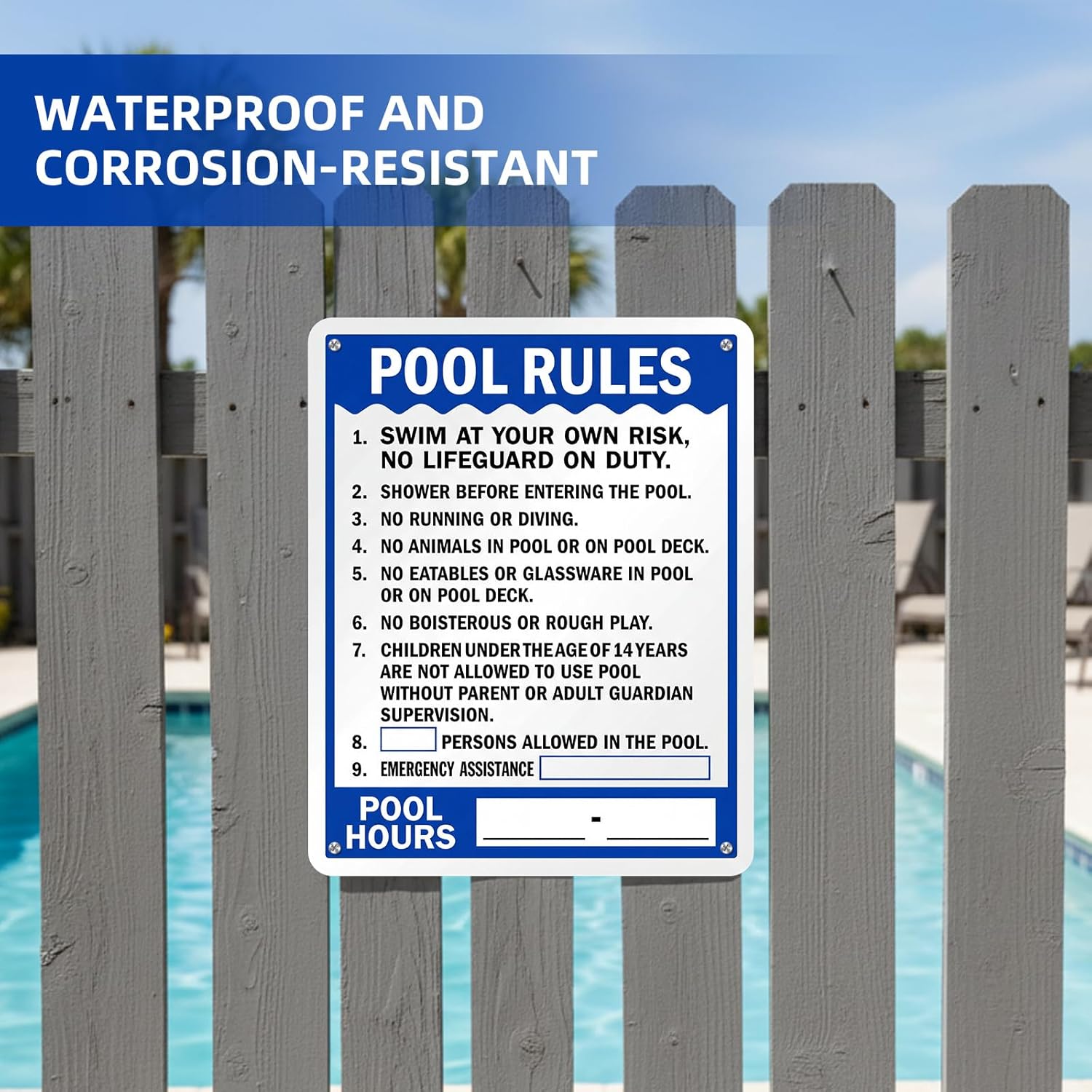 30 x 24 Inch “Pool Rules - Pool Hours” Metal Sign - Laminated Aluminum Write-on Board with Pre-punched Holes for Outdoor Safety and Hours Display