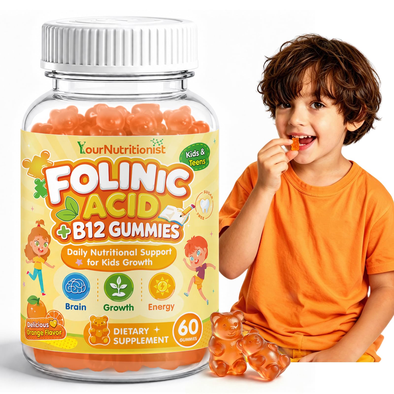 Folinic Acid Gummies for Kids, 1000mcg Folinic Acid + B12, Orange Flavor